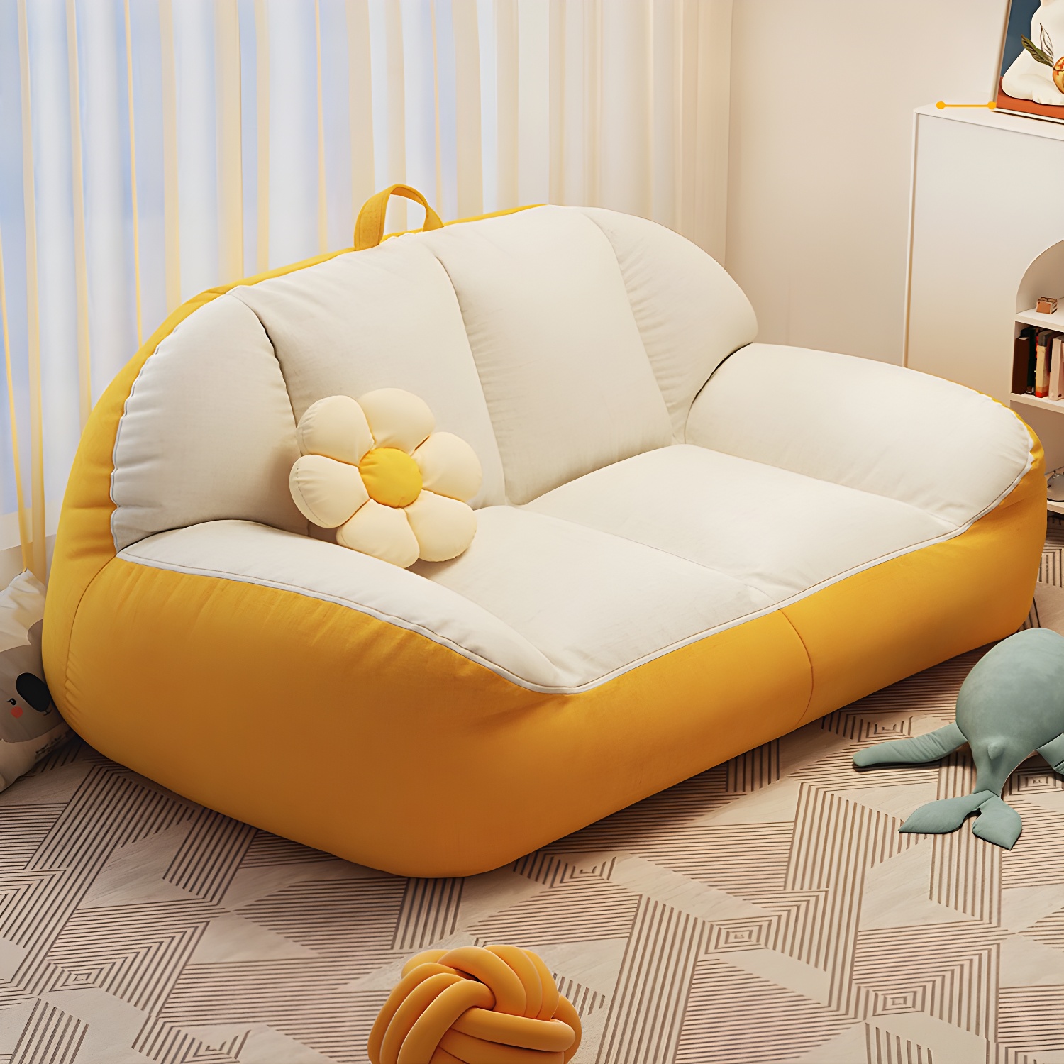 Large White Linen Bean Bag Sofa Pre-Filled with Expanded Polystyrene Beans for Comfortable Seating