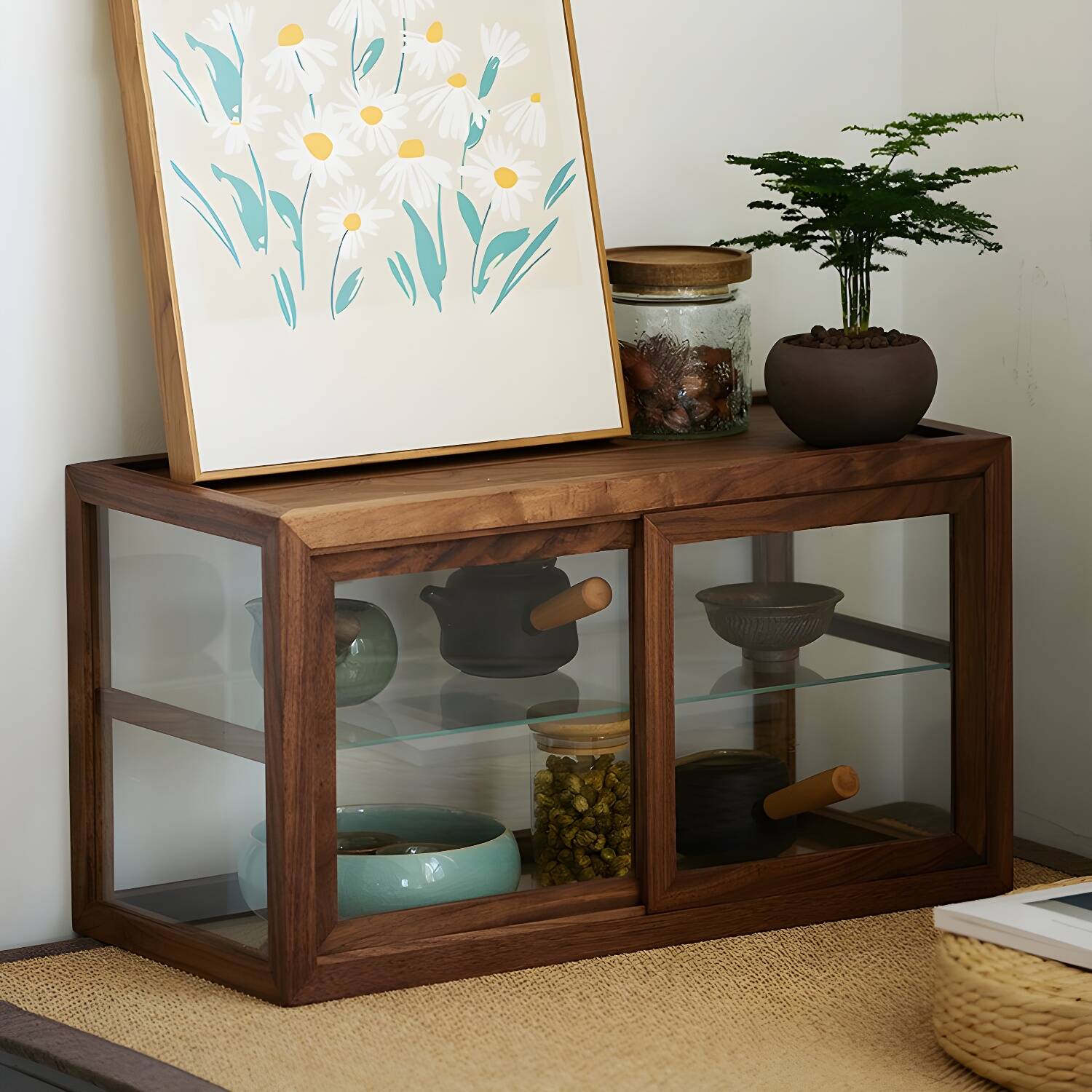 Rustic Brown Wood Display Stand with Glass Doors, Cabinet, and Sliding Mechanism - Short Height