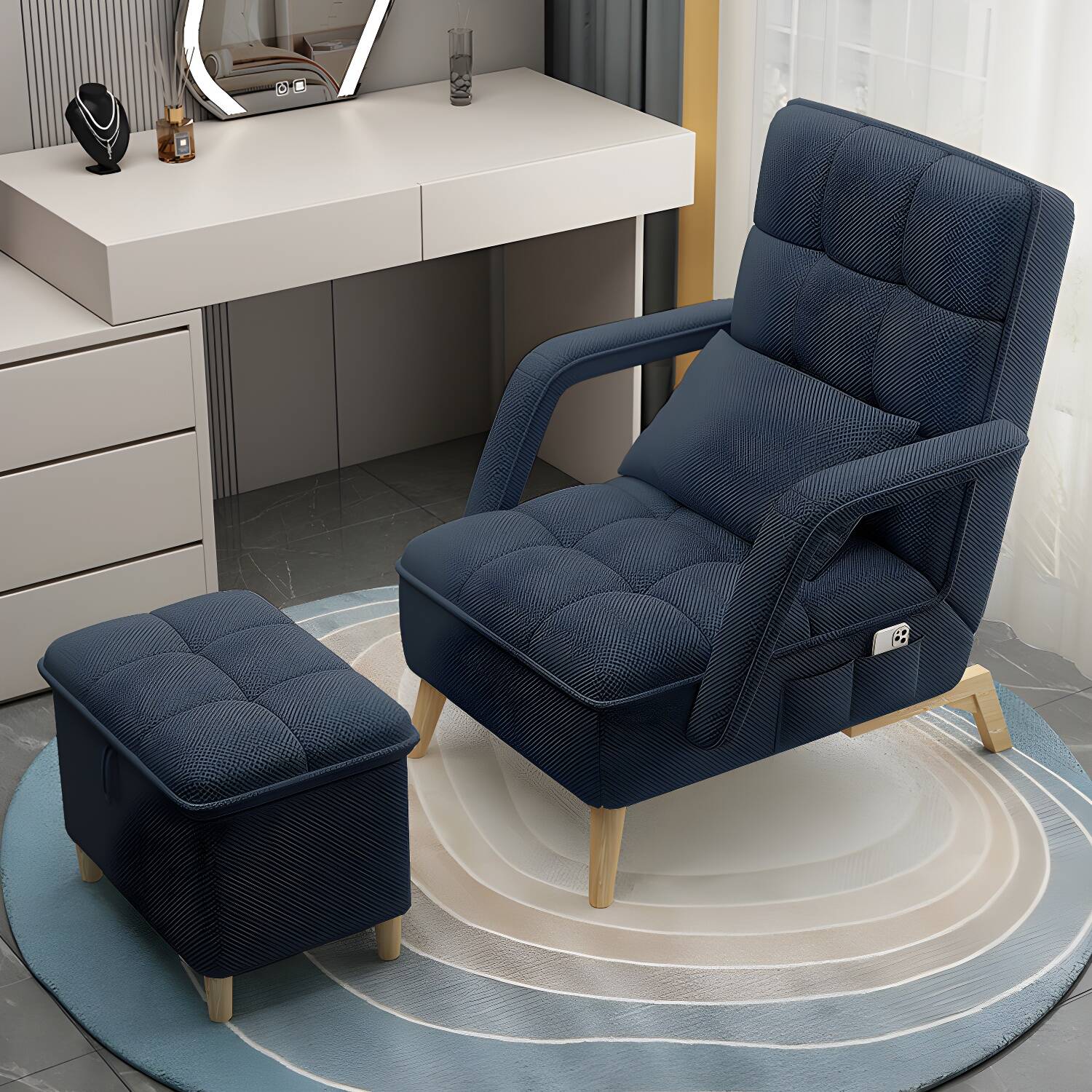 Ergonomic Modern Recliner with Lumbar Support and Storage, featuring Wood Legs and Pillow Included