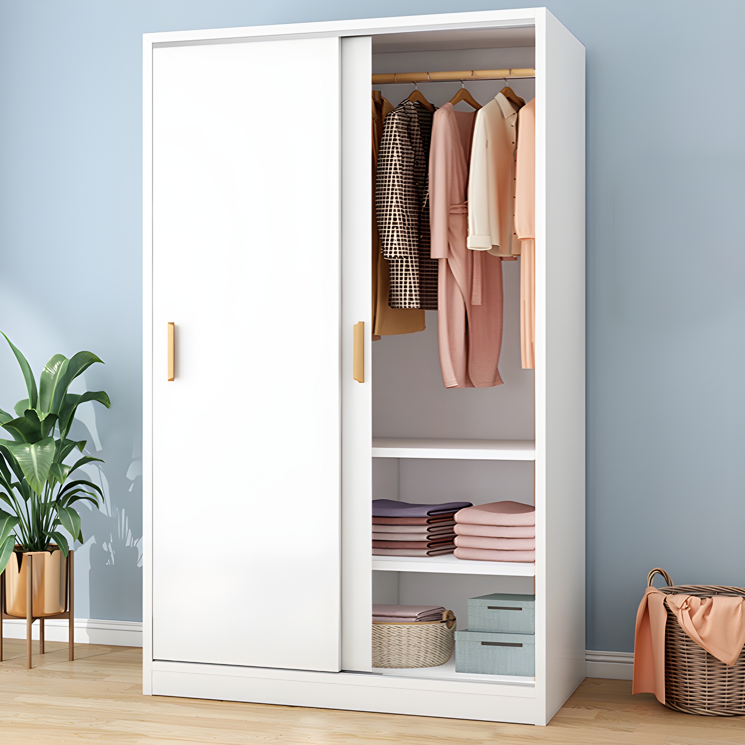 Sliding Door Modern Wood Wardrobe Armoire with Shelves and Soft-Close