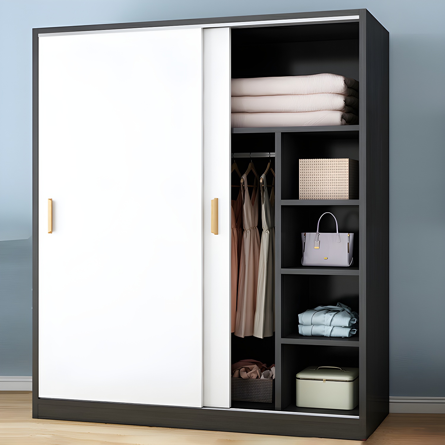 Modern Wood Wardrobe Armoire with Sliding Doors, Soft Close Drawers, and Shelves Included