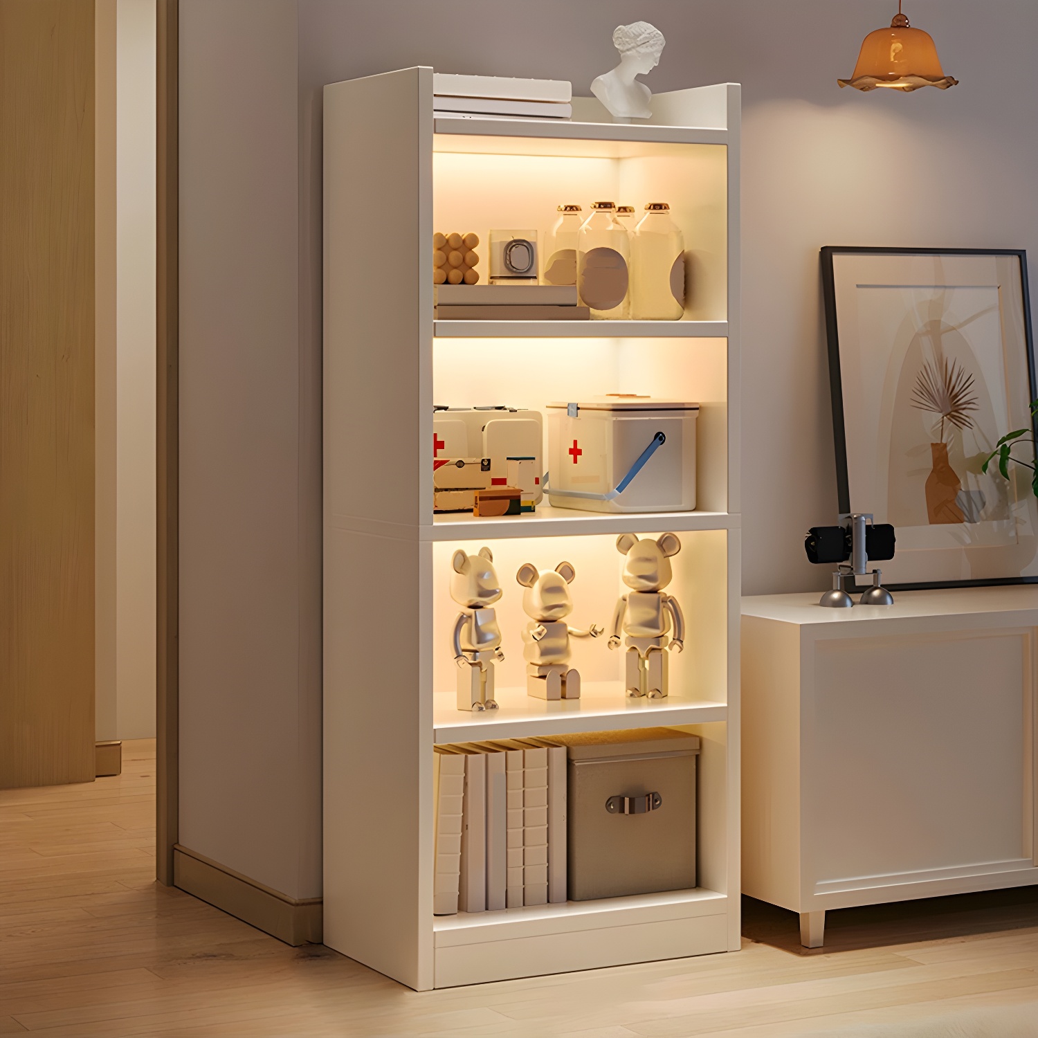 Modern Wood Display Stand with Open Storage & Adjustable Shelves