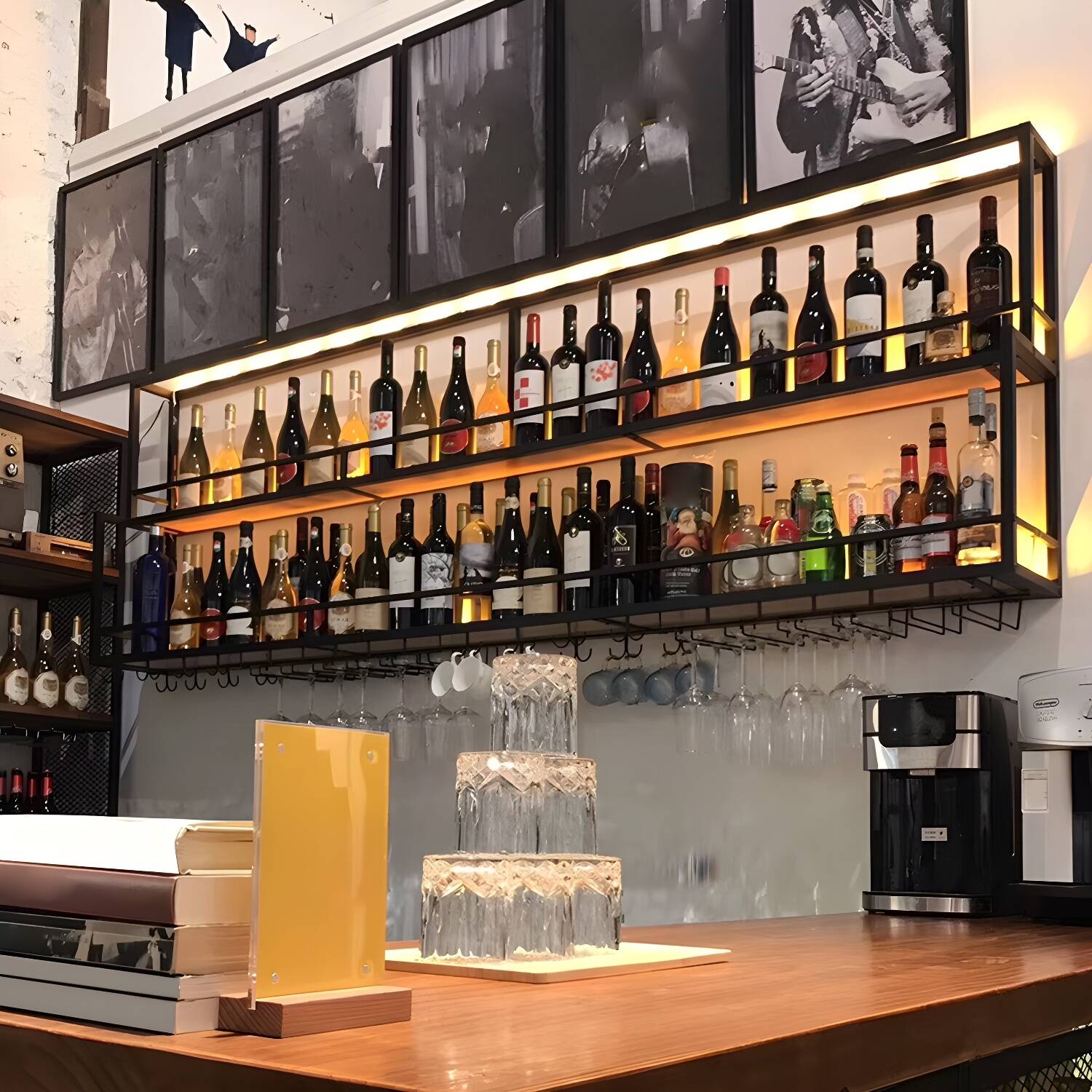 Black Floating Modern Wine Bottle & Glass Rack, Multiple Sizes, Holds over 25 Bottles