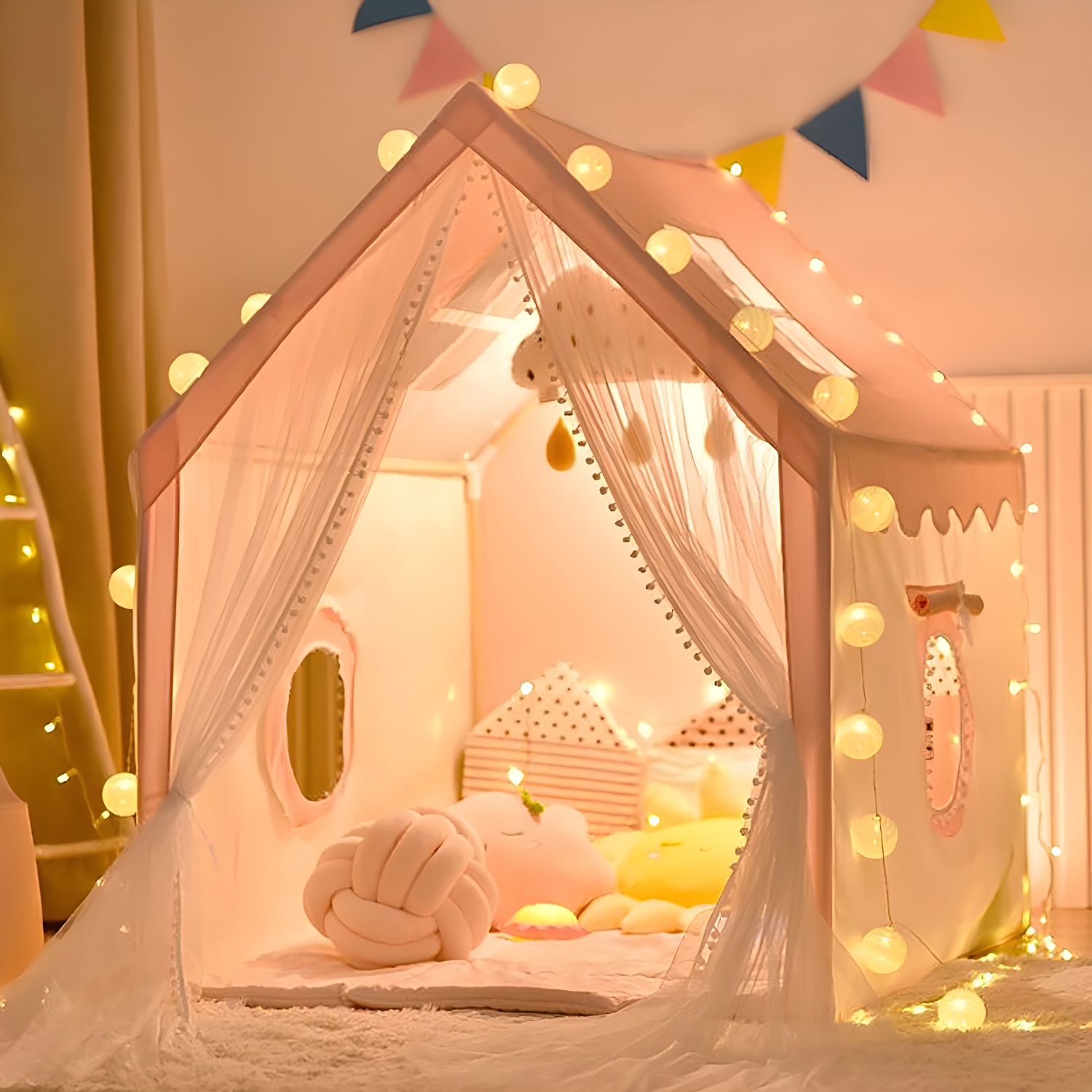 Square Cabin-themed Fabric Play Tent with Skylight and LED Lights for Indoor Play