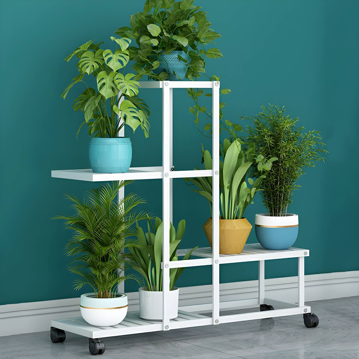 Square Metal Multi-Tiered Plant Stand with Wheels and Shelves