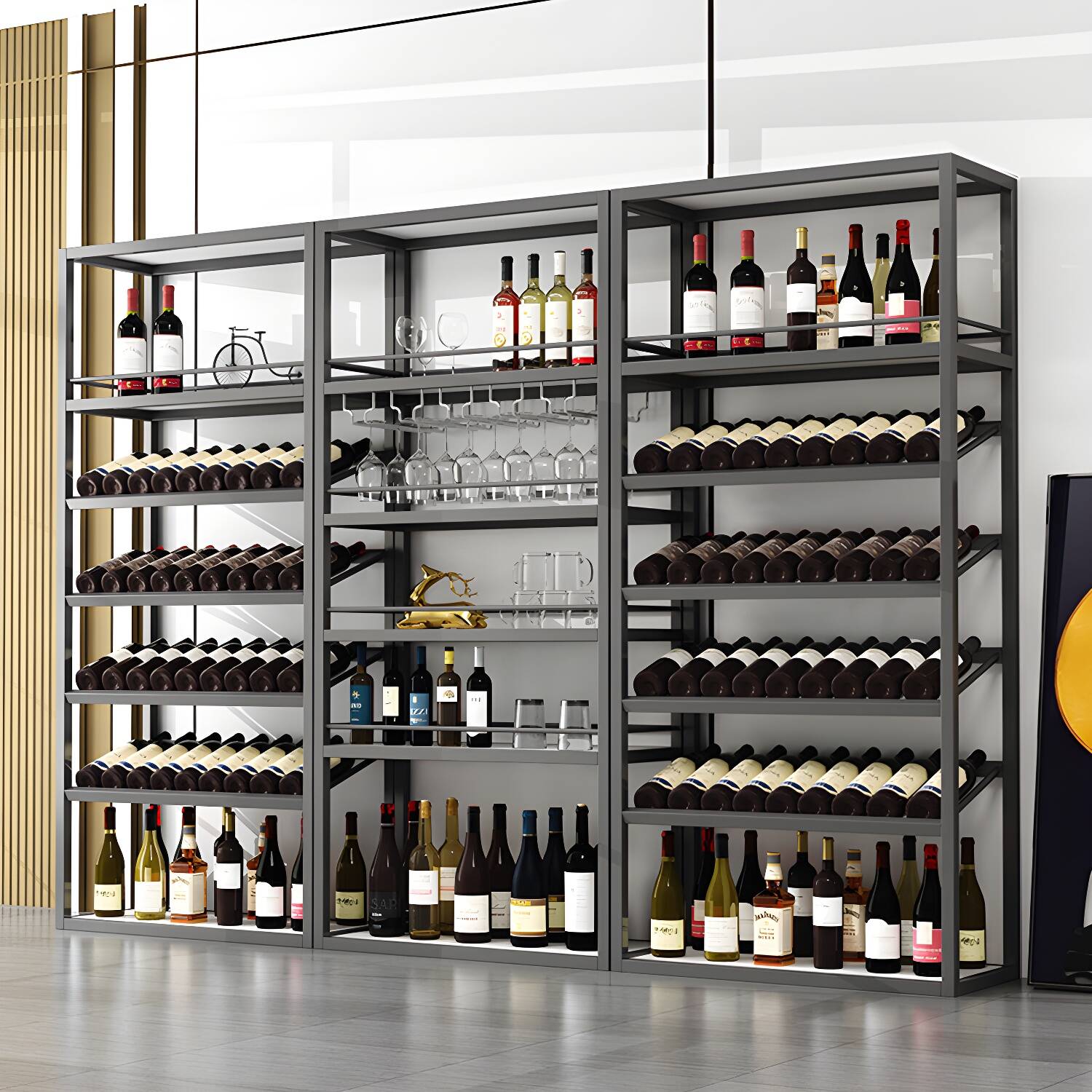 Modern Floor Wine Bottle & Glass Rack in Metal - Holds over 25 Bottles