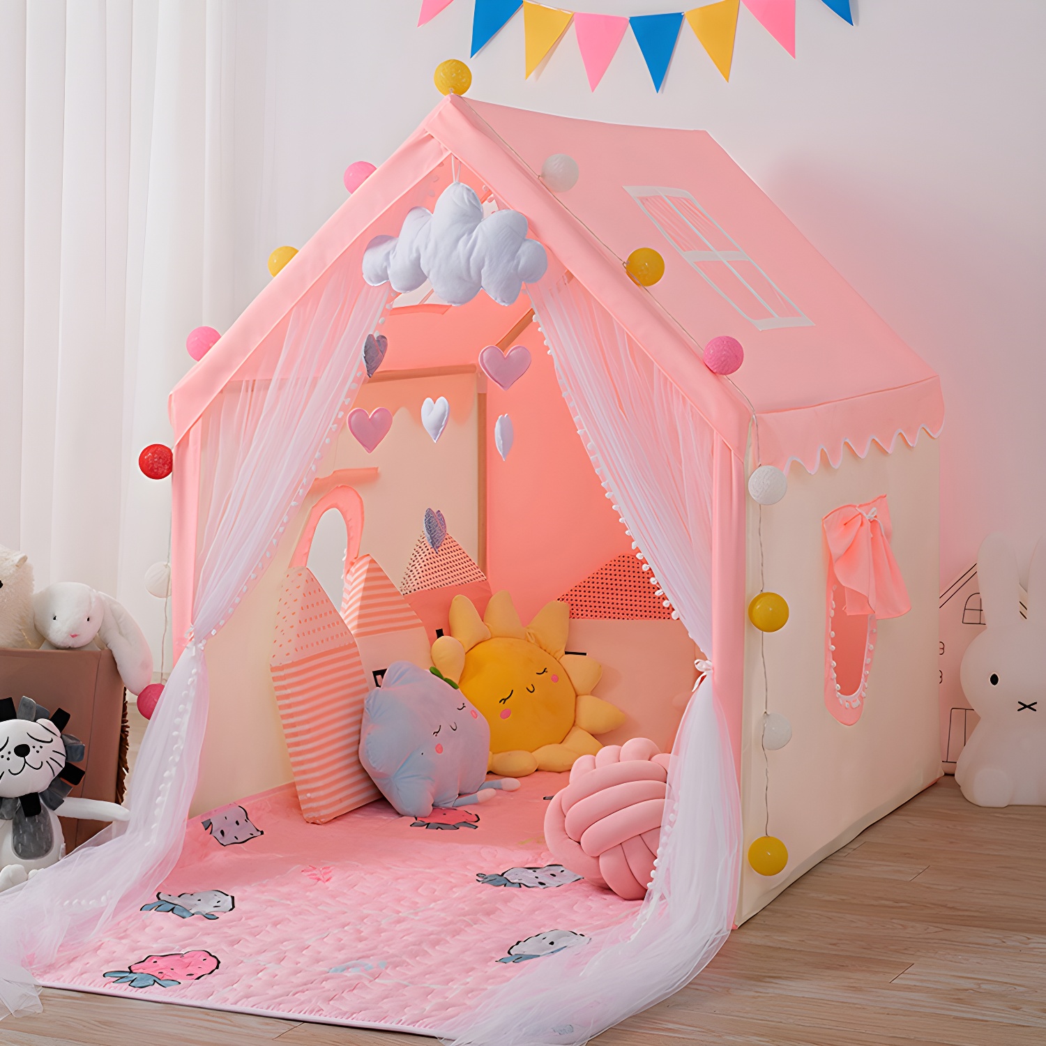 Princess Theme Pink Square Fabric Play Tent with Windows, Lights, and LED Lights for Indoor Play