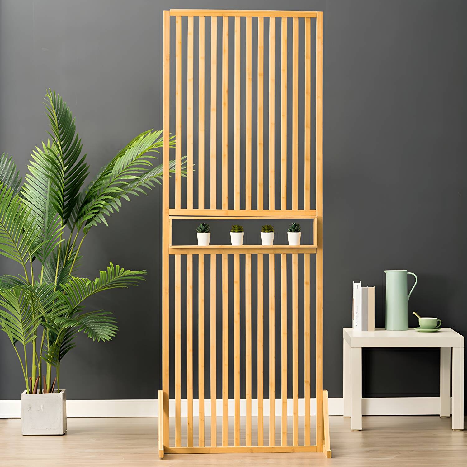 Modern Freestanding Wood Room Divider with Bamboo Screens and Shelves