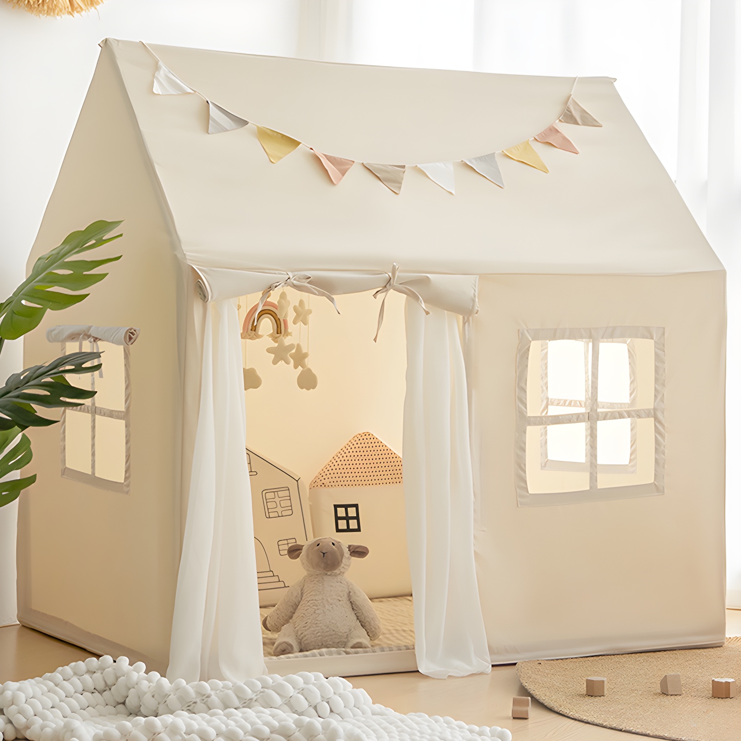 Square Princess-themed Fabric Play Tent with Windows and Fade Resistant Durability for Indoor Play