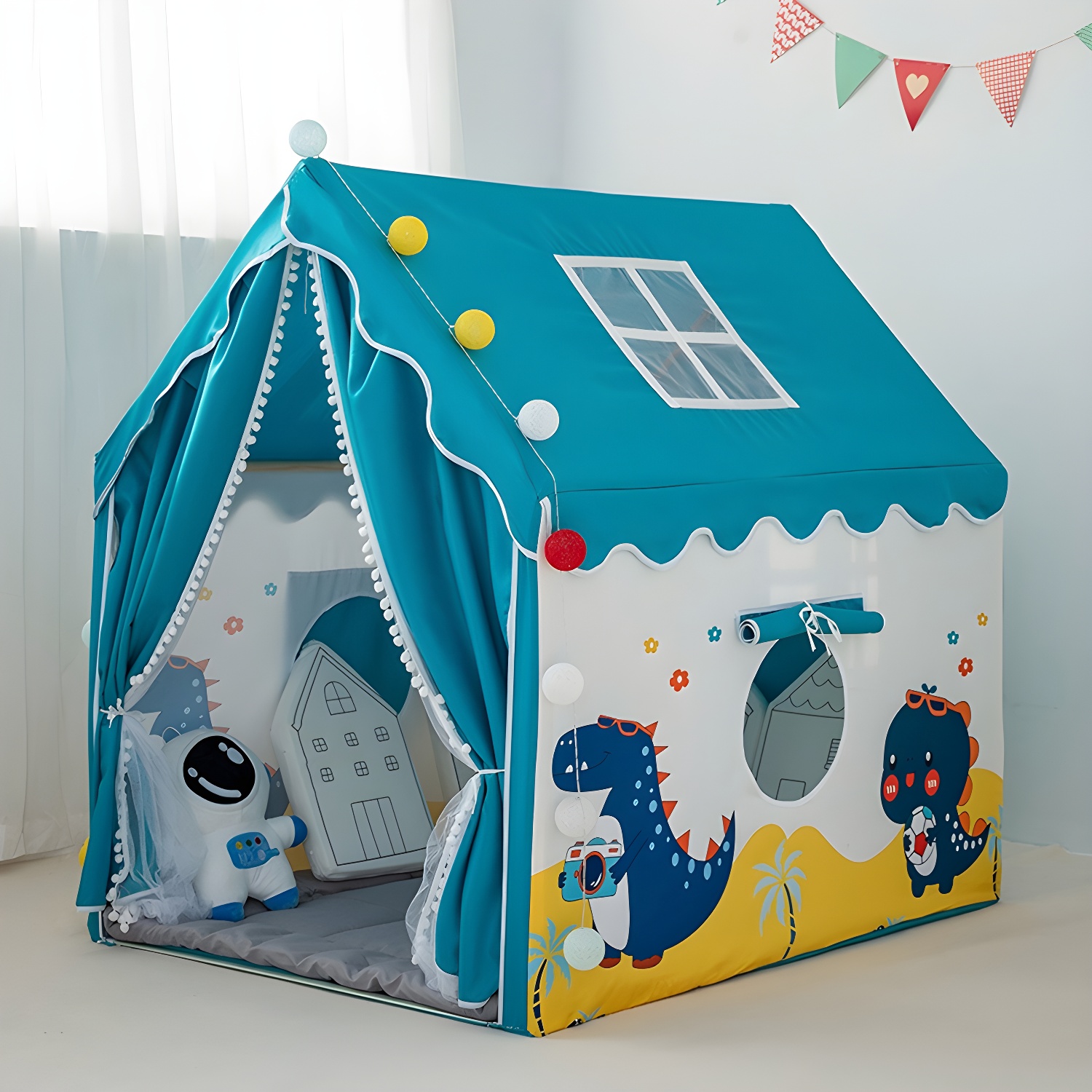 Dome Shaped Fabric Play Tent with Windows and Lights for Indoor/Outdoor Use, Fade Resistant