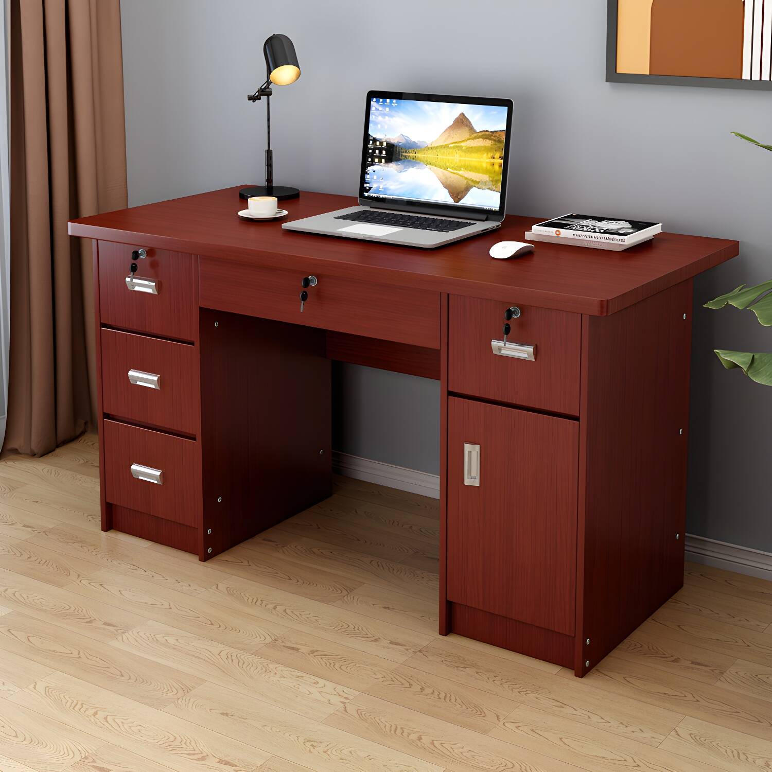 Transitional Wood Desk with Sled Base, Cabinet, and Locking Drawer for Medium-Sized Spaces