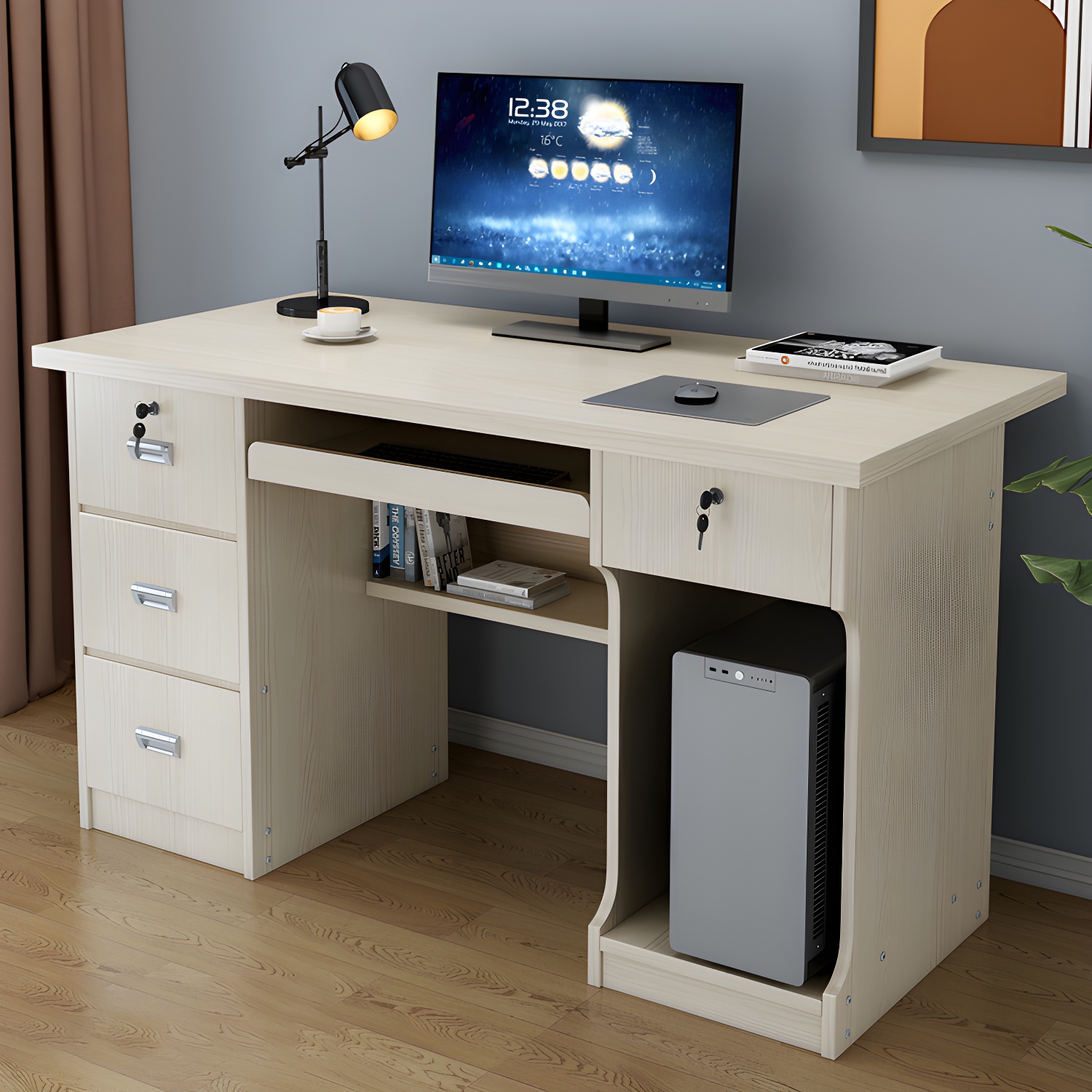 Modern Wood Office Desk with Sled Base, Drawers, and Cabinet - Medium Size and Locking Drawer