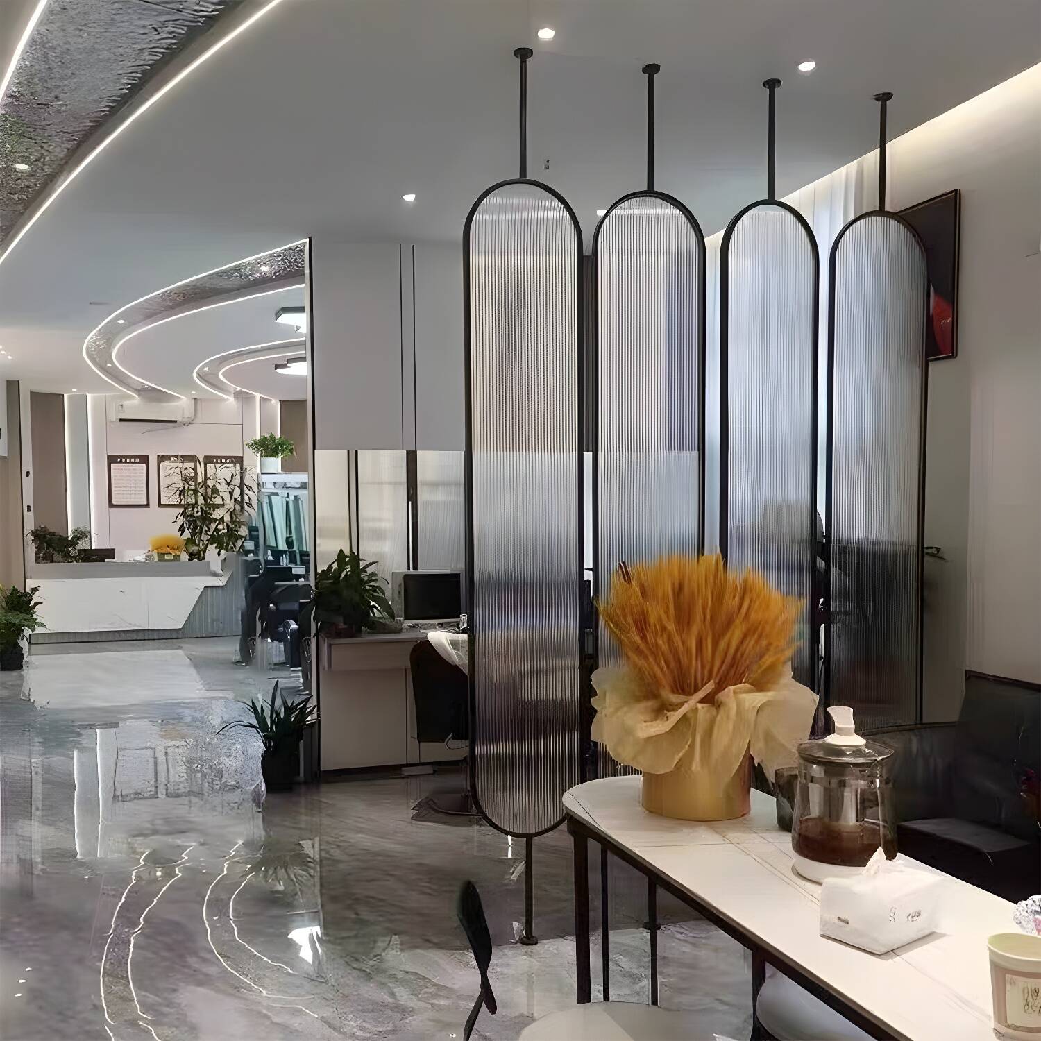 Modern Hanging Room Divider with Glass Screen and Metal Frame for Home