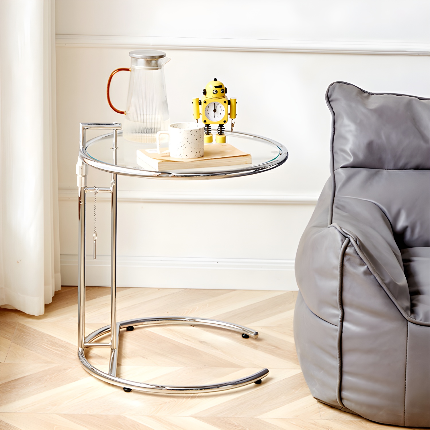 Modern Round Glass C Table with Adjustable Height and Stainless Steel Base in Silver