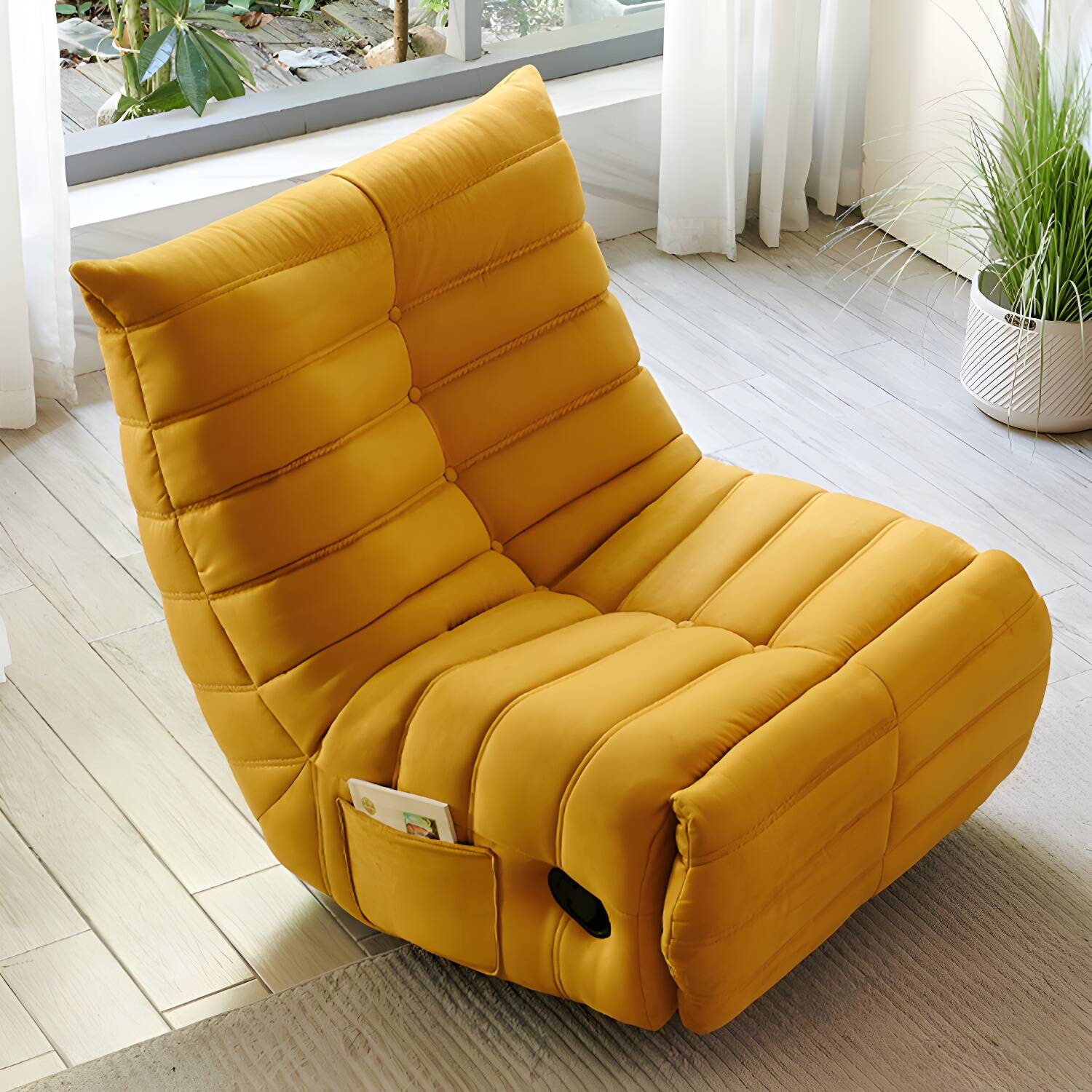Tufted Modern Rocker Recliner with Suede Upholstery and Built-In Storage