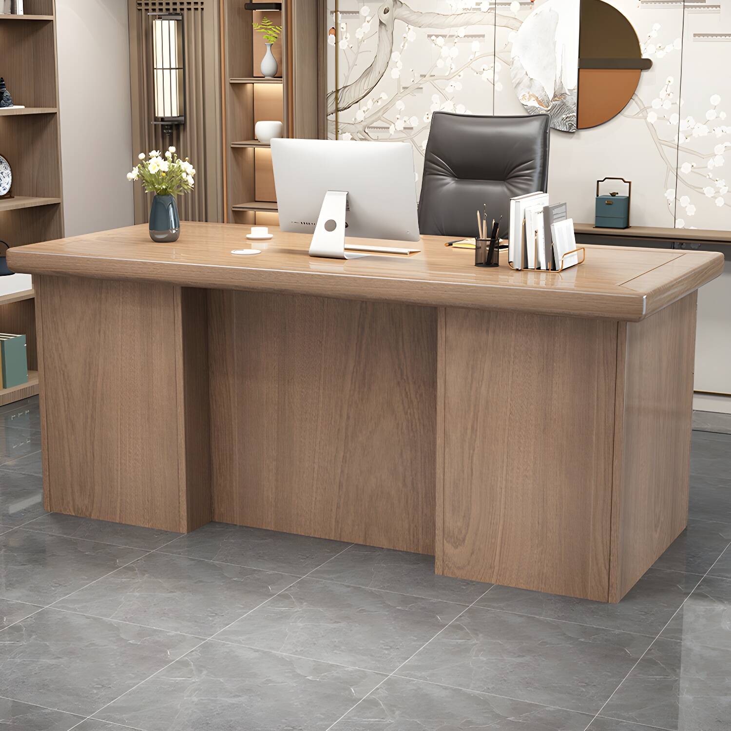 Farmhouse Style Computer Desk with Wood Base, 5 Drawers, and Locking Cabinet