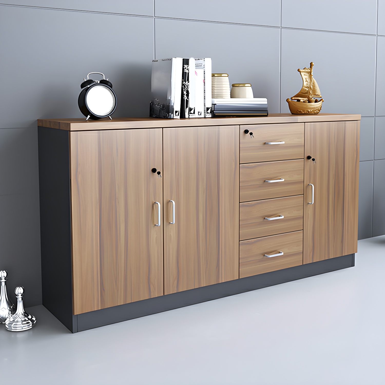 Brown Wood Modern Lateral Filing Cabinet with Lock, Shelves Included & Key Locking Mechanism