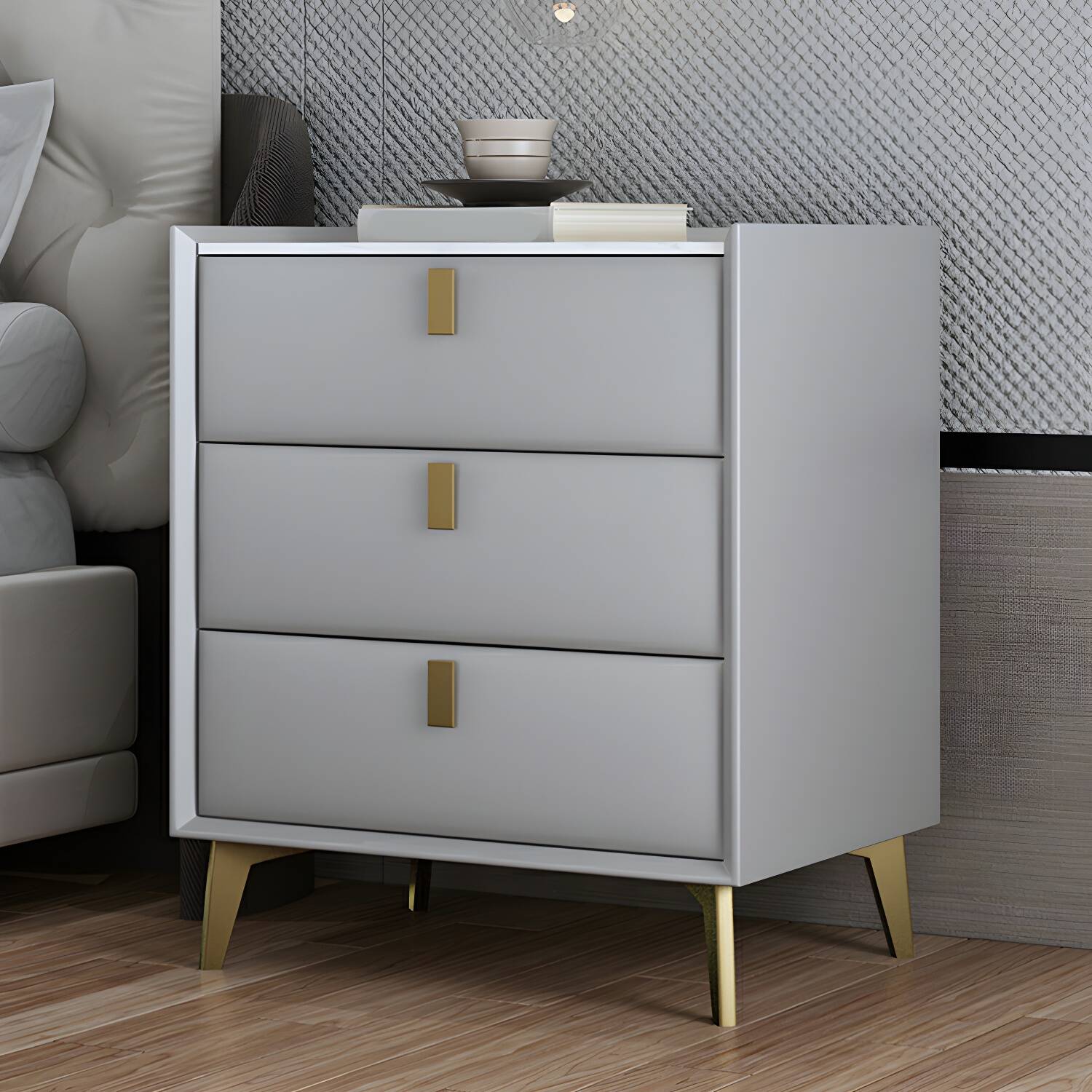 Standard Height Glam Nightstand with 3 Drawers and Stone Countertop