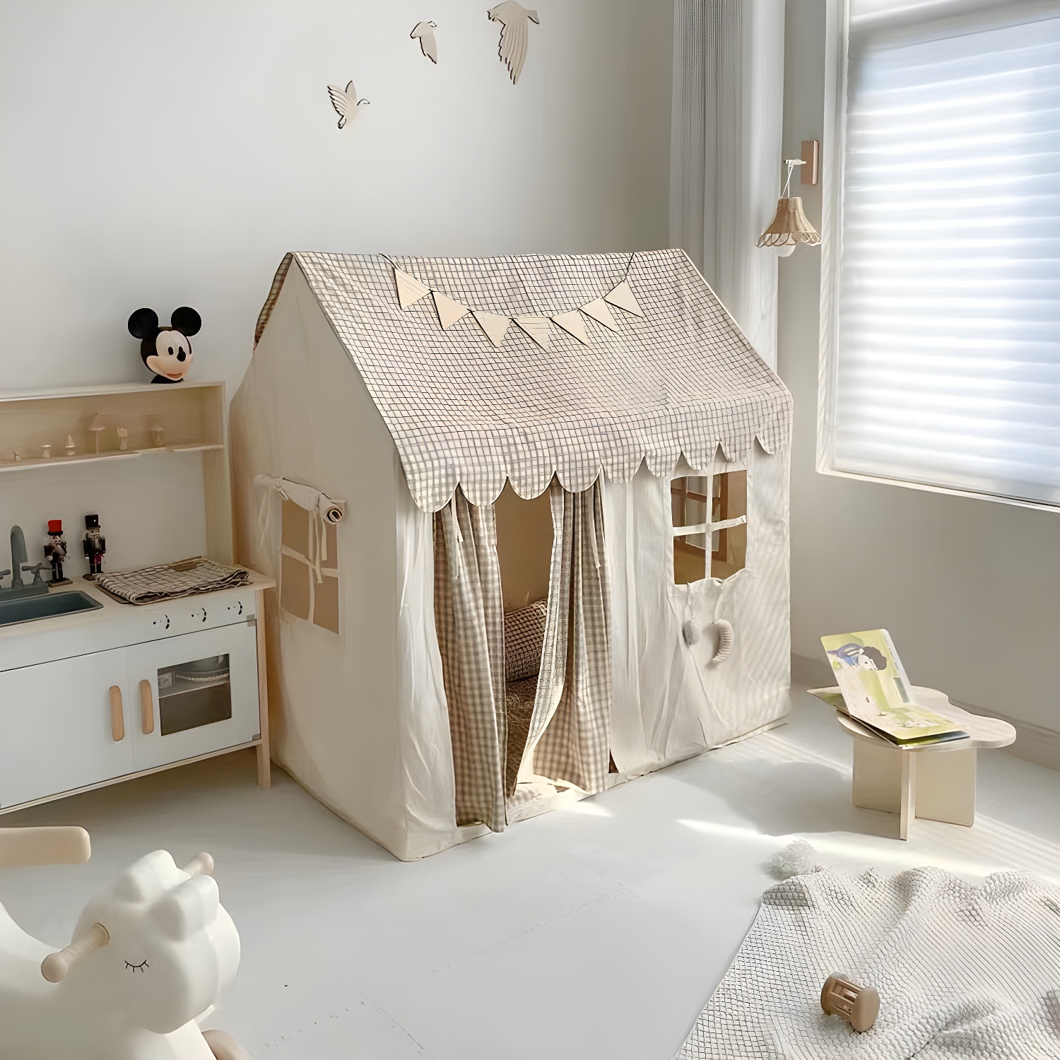 Square Cabin-themed Fabric Play Tent with Windows, Lights, and LED Lights for Indoor Play