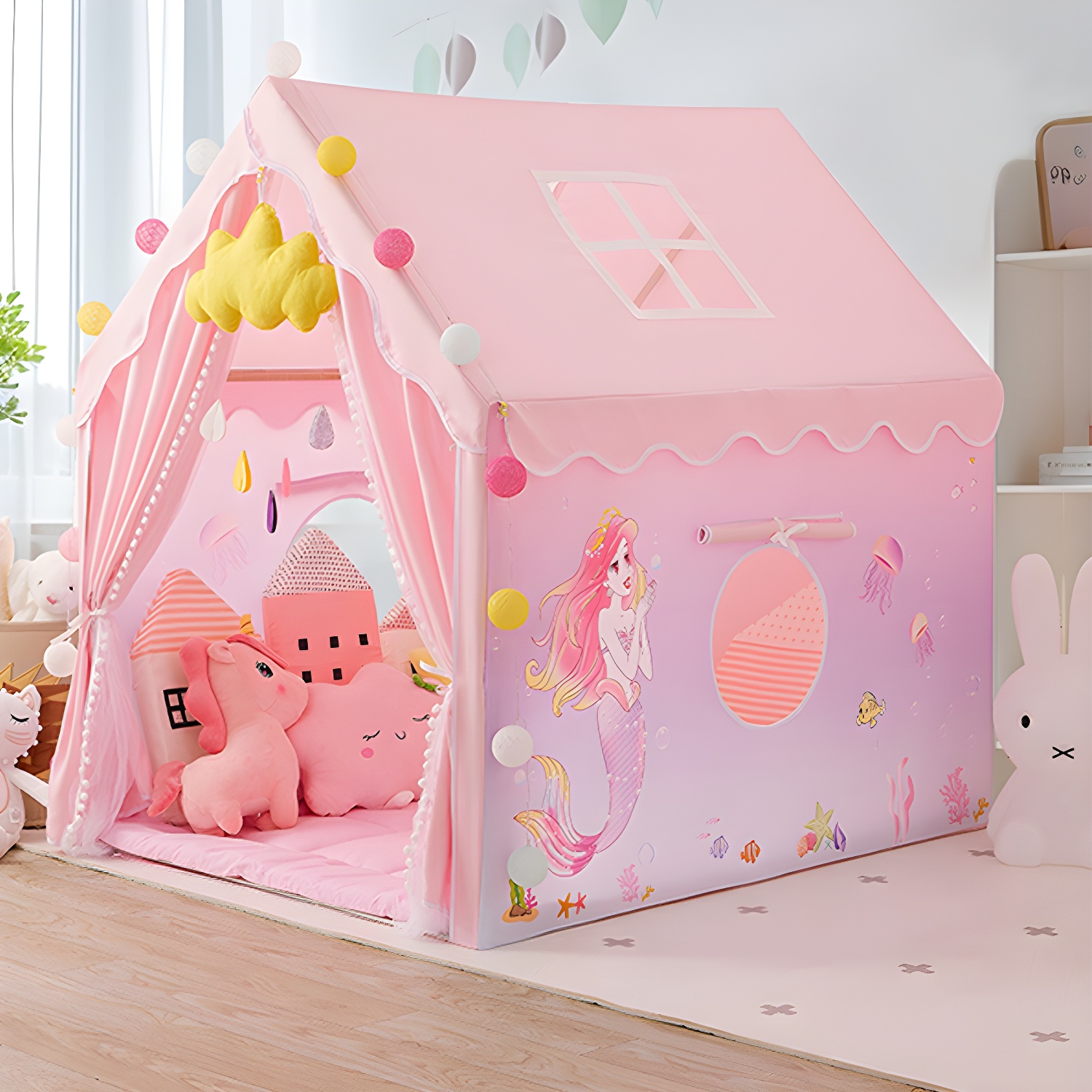 Square Princess-themed Wood Play Tent with Skylight, Windows, and Lights for Indoor Play