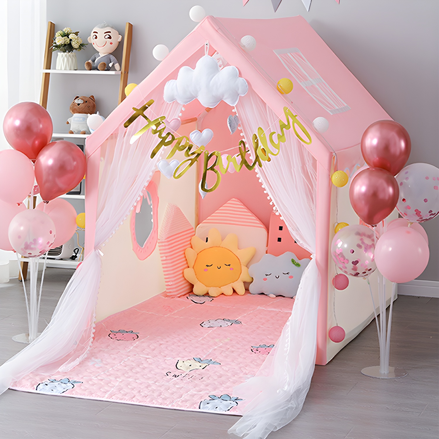 Princess Pink Fabric Play Tent with Windows and Lights Included for Indoor Fun