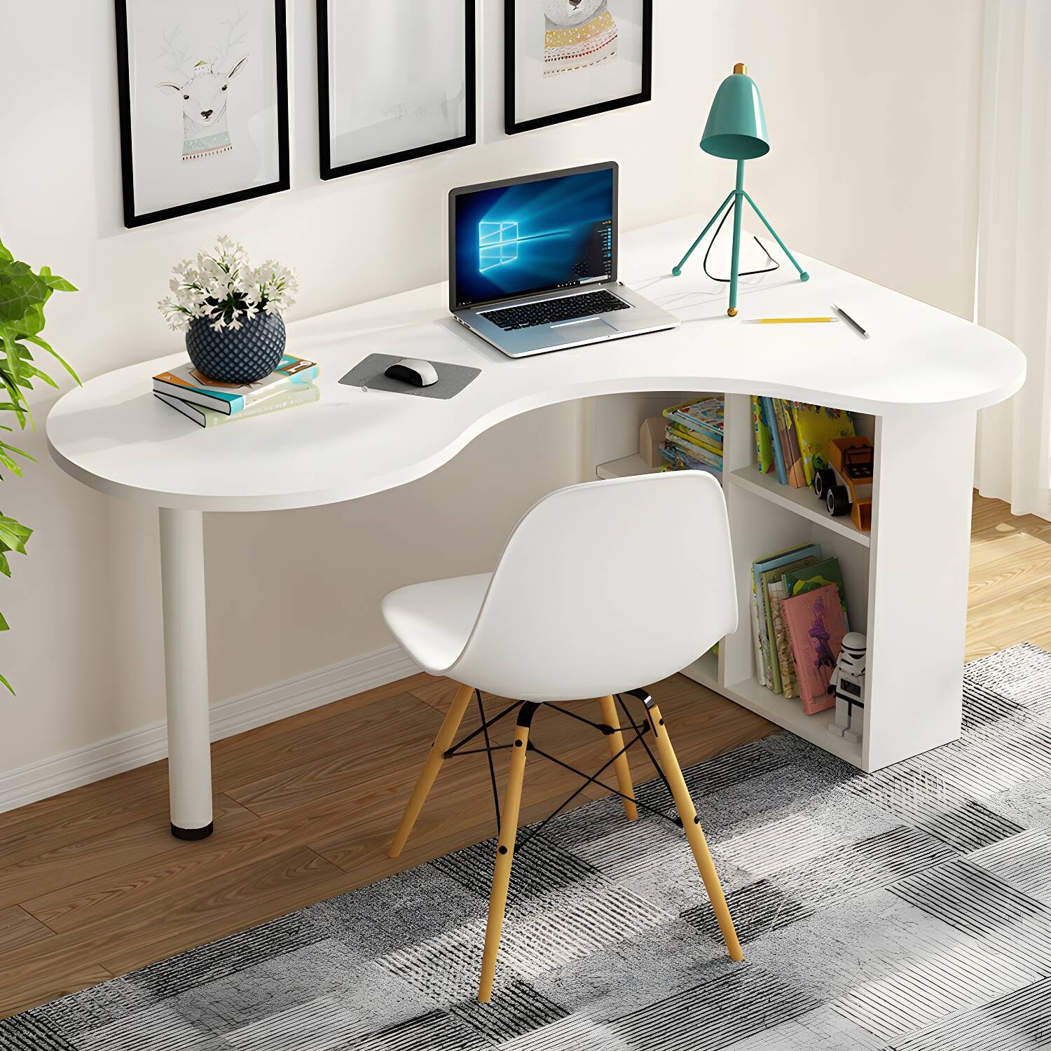 Modern Peninsula Desk with Steel Pedestal Base and 4 Exterior Shelves for Home Office