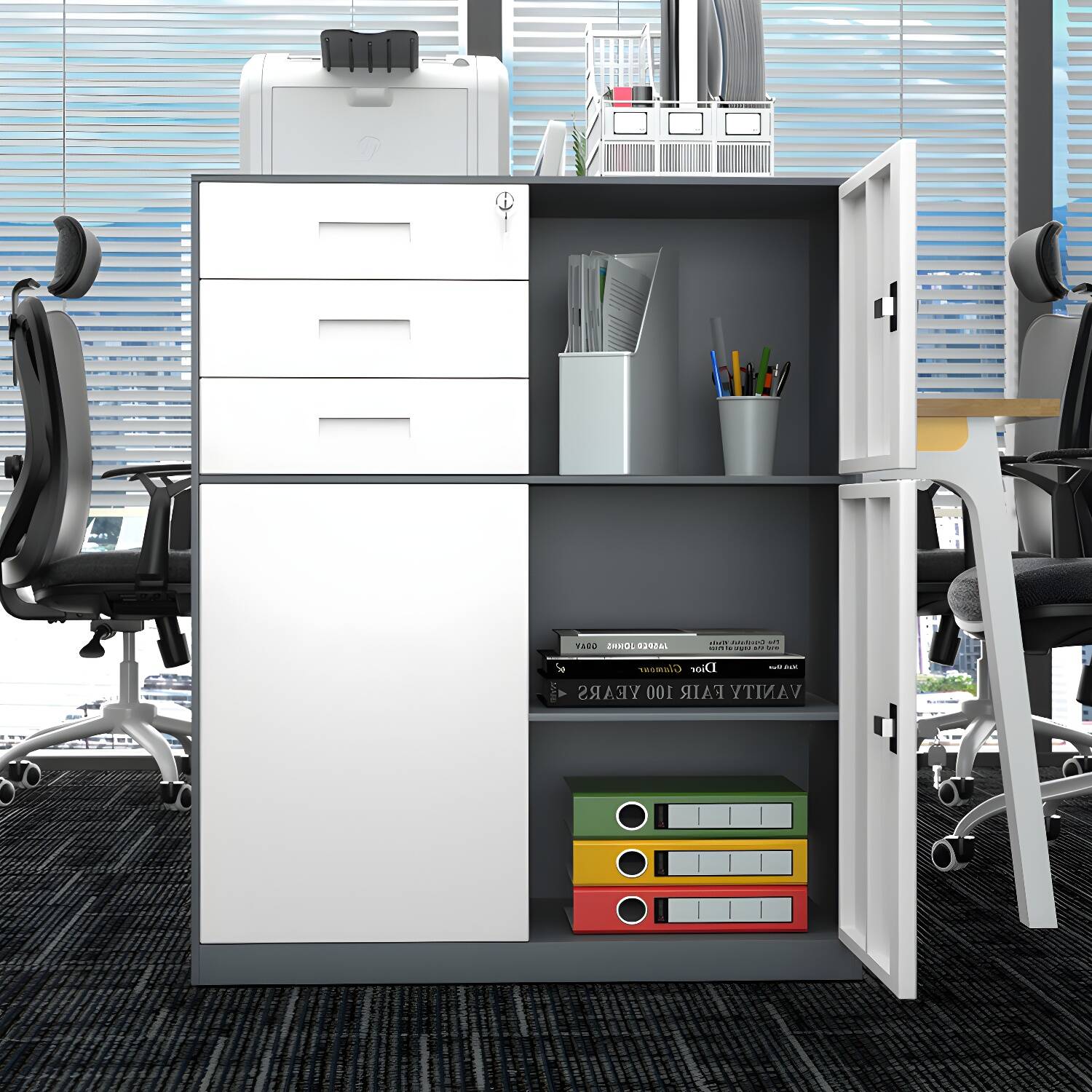 Fireproof Modern Steel Lateral Filing Cabinet with 3 Drawers & Lock