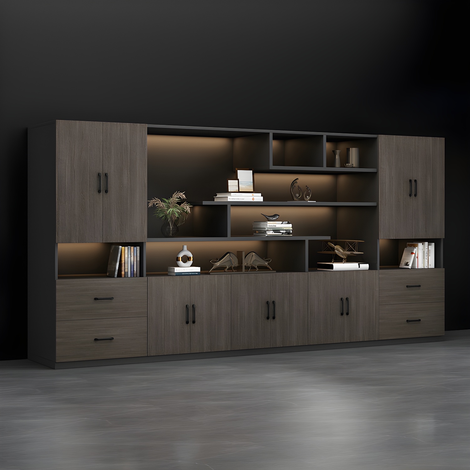 Elegant Brown Wood Filing Cabinet with Shelves - Mid-Century Modern Style