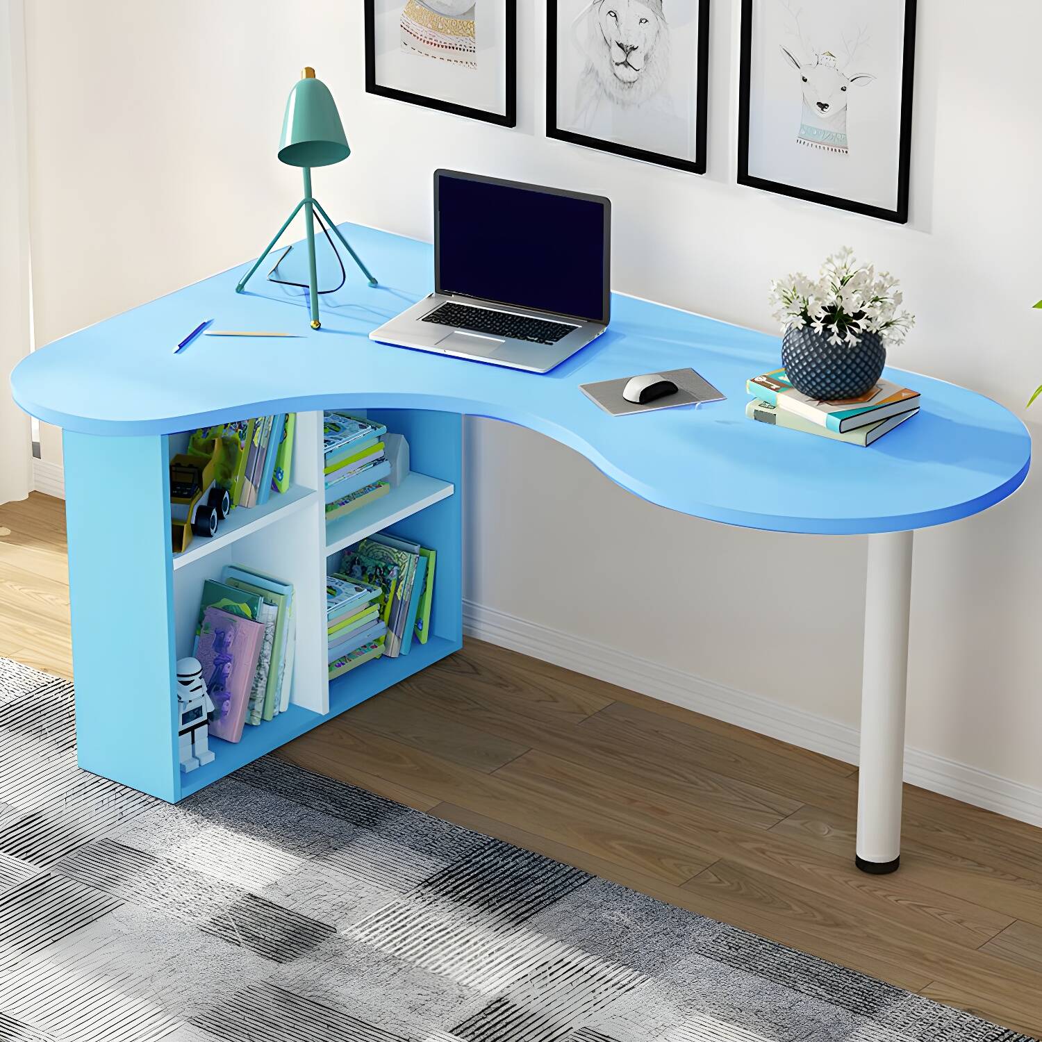 Modern White Writing Desk with Cable Management and 2 Exterior Shelves