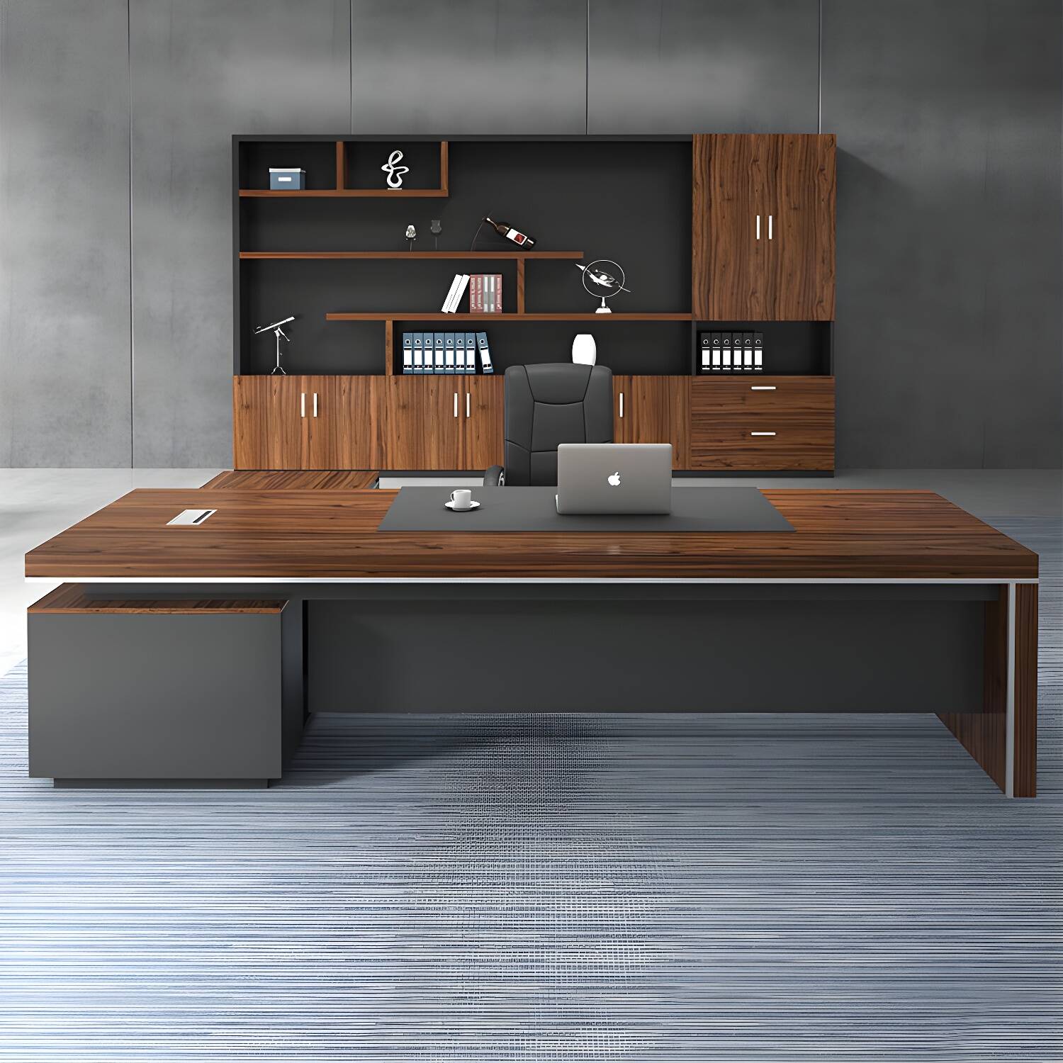 Modern L-Shaped Office Desk with Drawers and Cabinet Storage - Natural Wood and Gray
