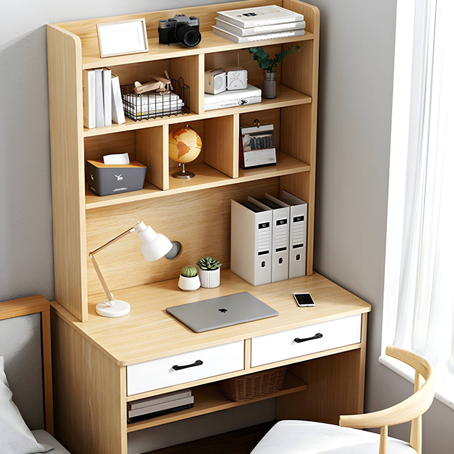 Modern Credenza Desk with Hutch and Exterior Shelving for Organization and Style