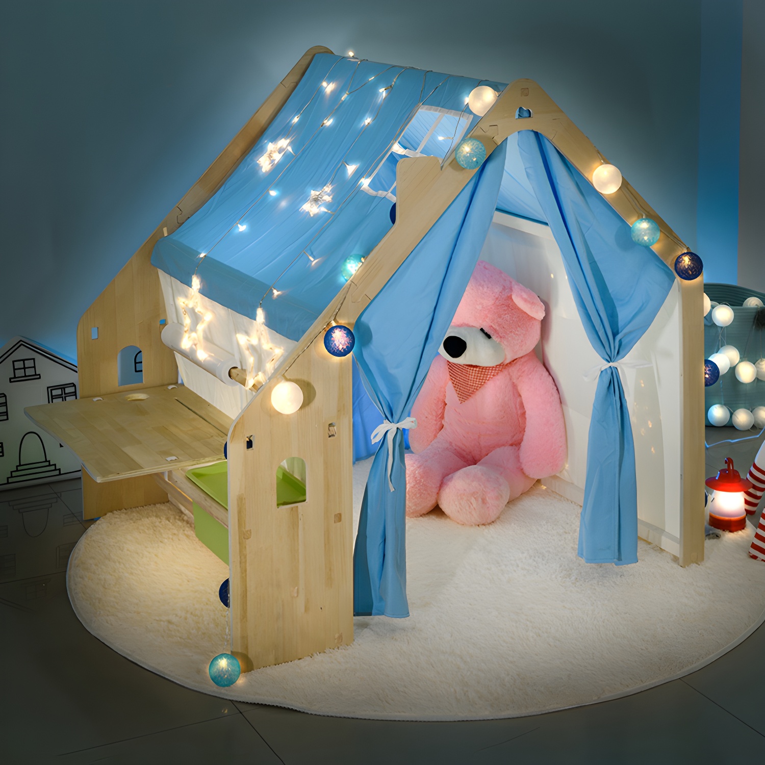 Foldable Fabric Dollhouse - Cabin Themed Playhouse with Skylight and Slide