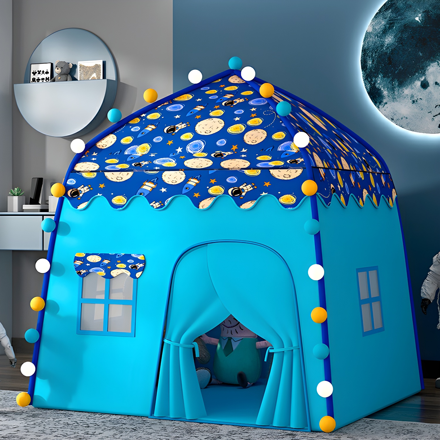 Space-themed Fabric Play Tent with Windows and Lights for Indoor/Outdoor Use
