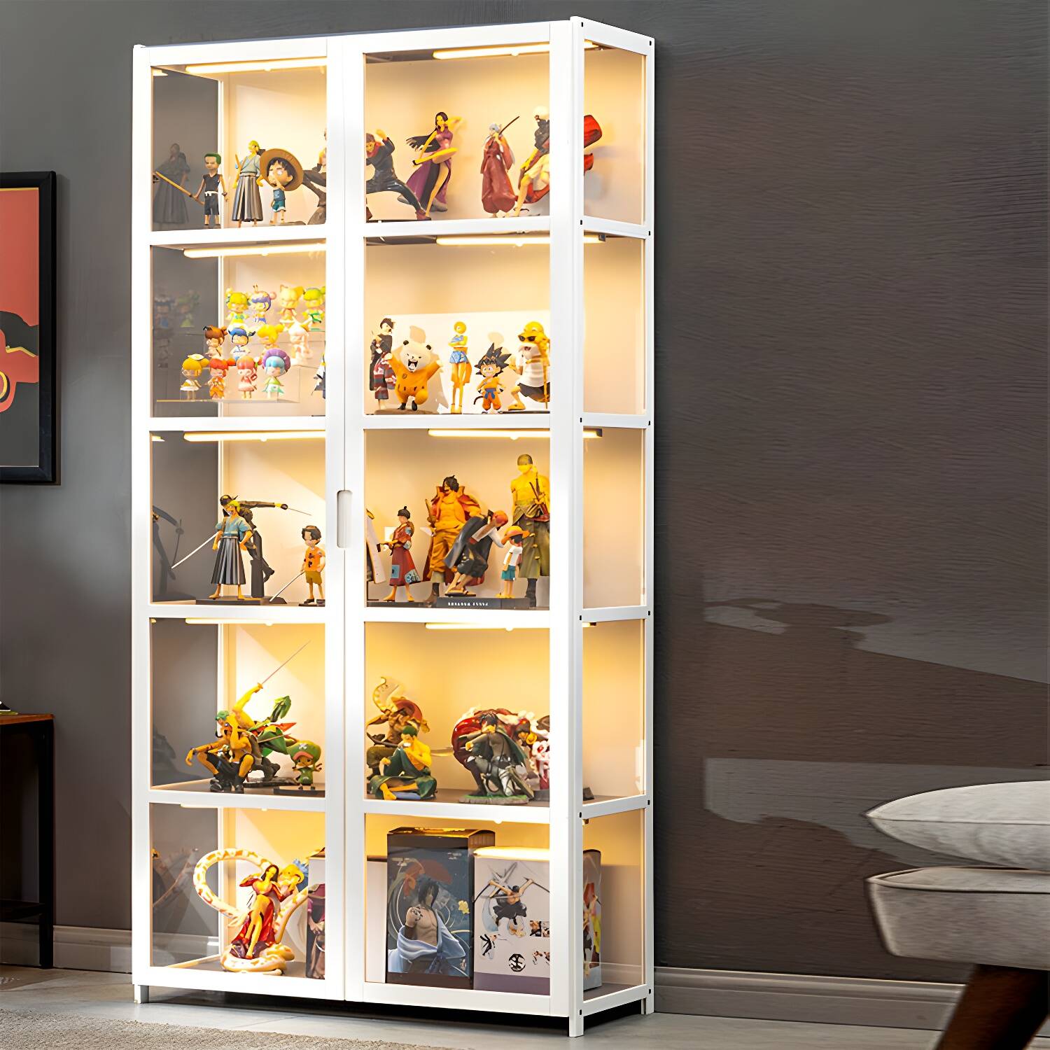 Modern White Bamboo Display Stand with Hinged Cabinet and Wood Shelves