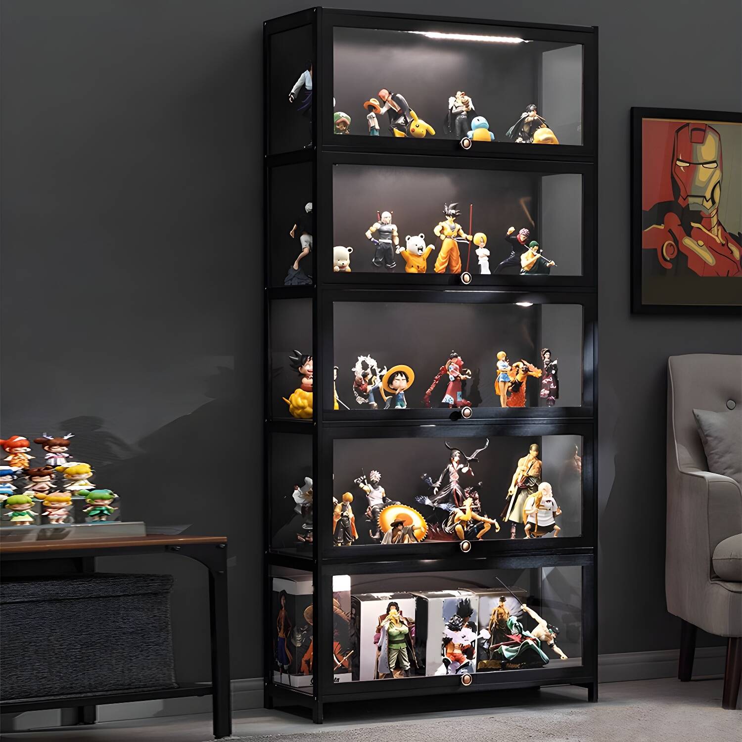 Modern Black Bamboo Curio Cabinet with Cabinet and Wood Shelf