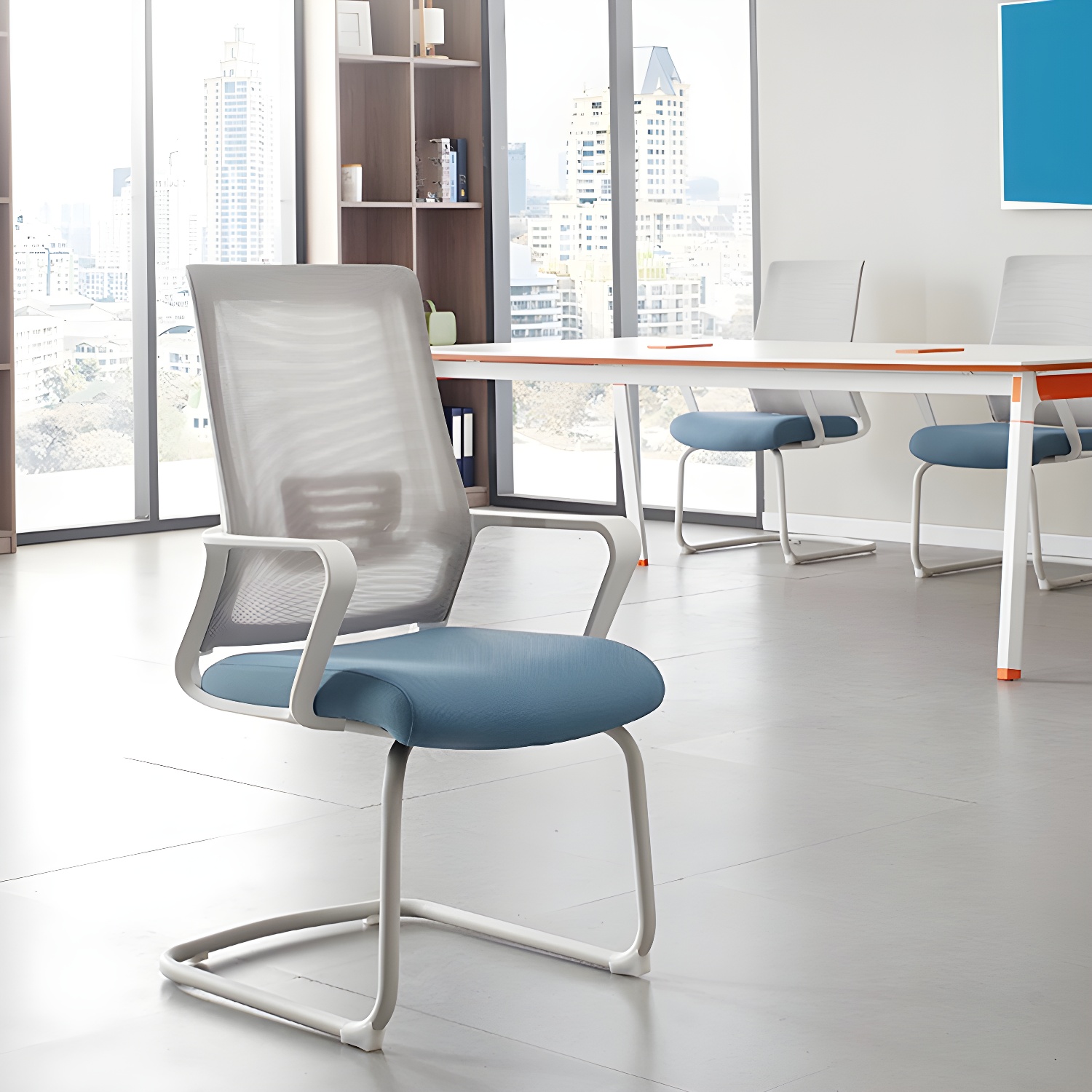 Elegant Mesh Framed Conference Chair with Lumbar Support & Fabric Upholstery