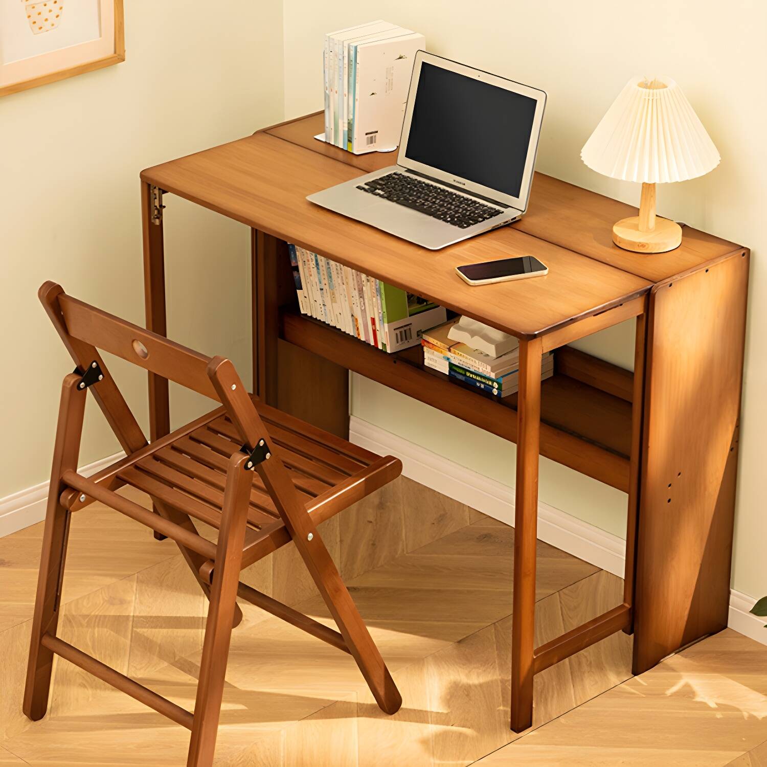 Traditional Office Desk with Wood Base and Collapsible Feature for Writing and Storage