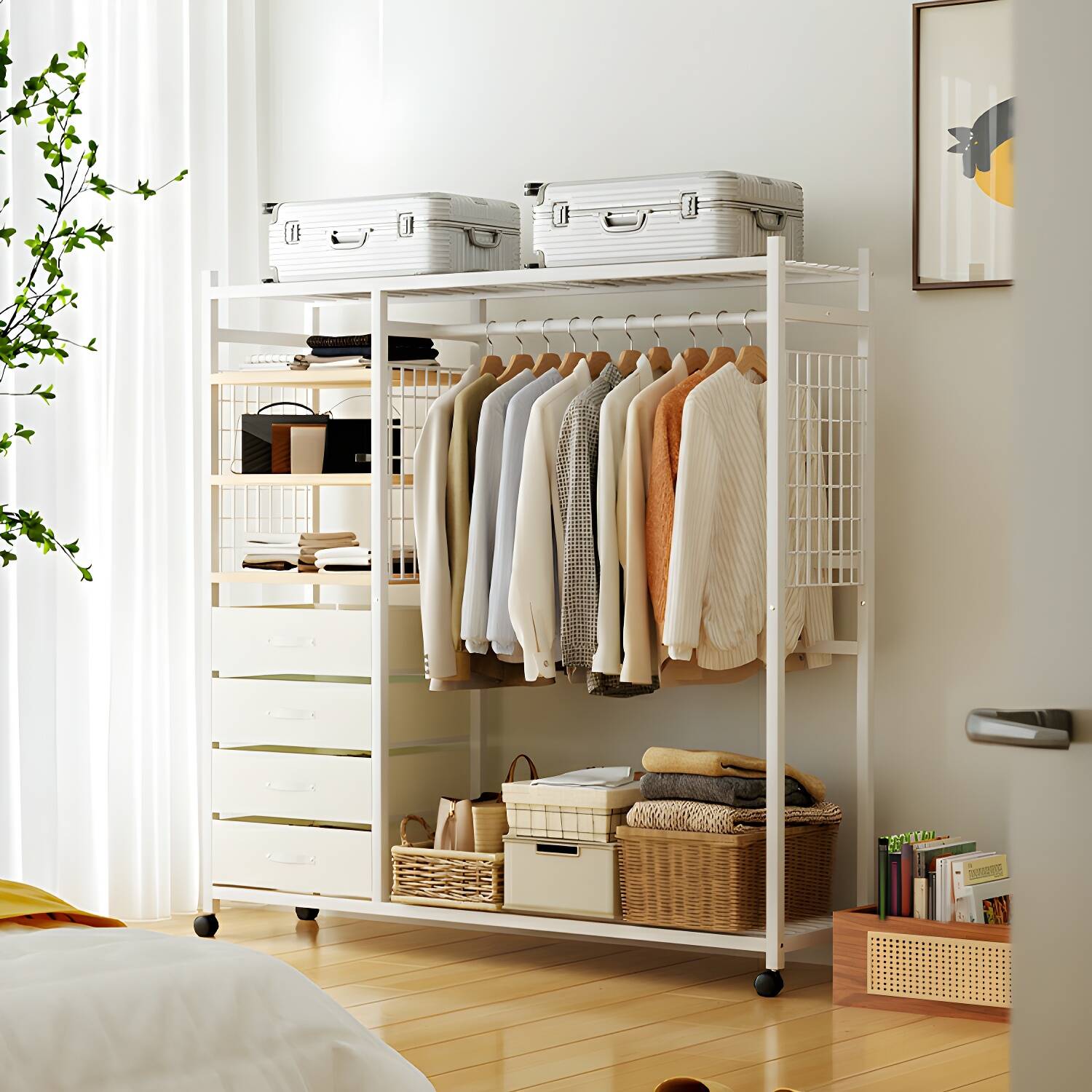 Modern Metal Wardrobe Armoire with Shelves and Clothing Rod - 165cm Height