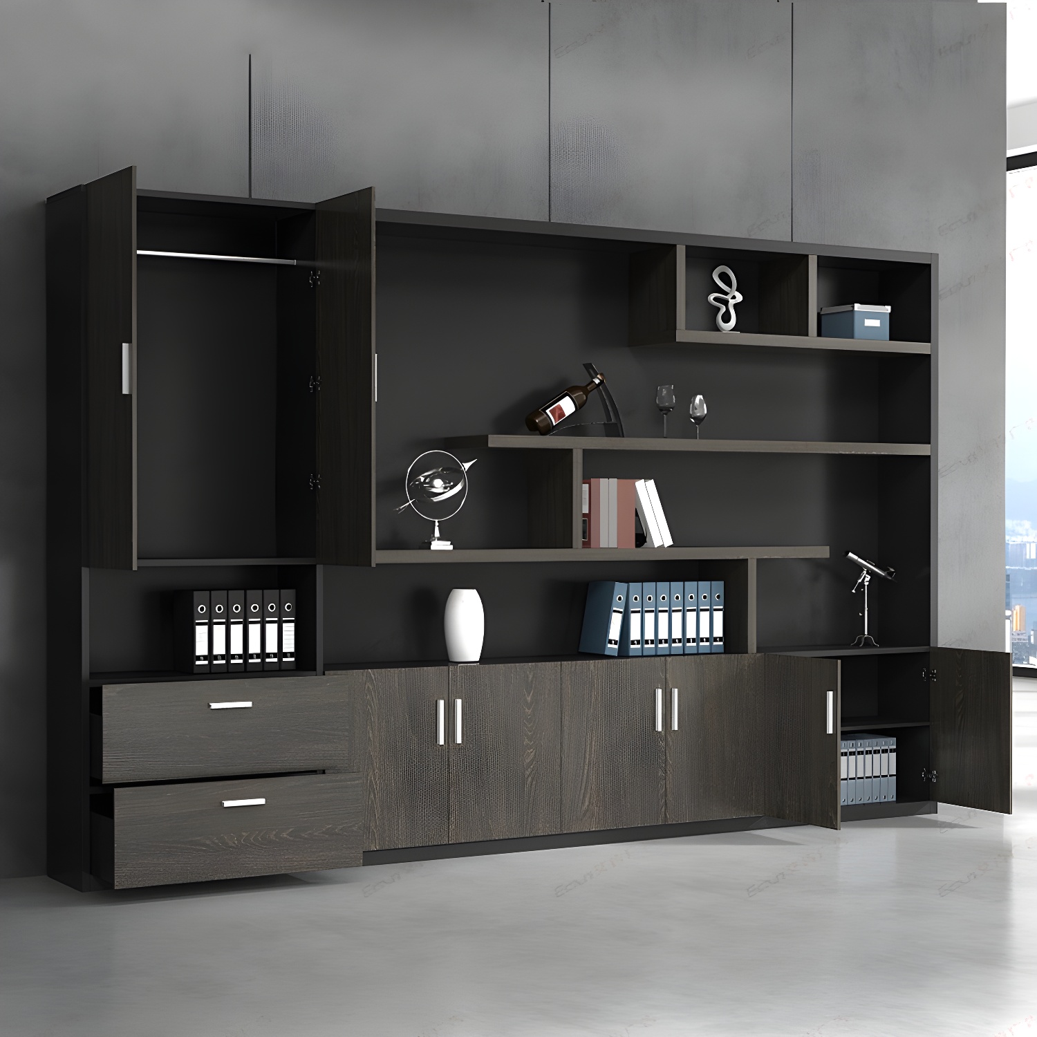 Modern Brown Wood Office Storage Cabinet with Doors and Shelves