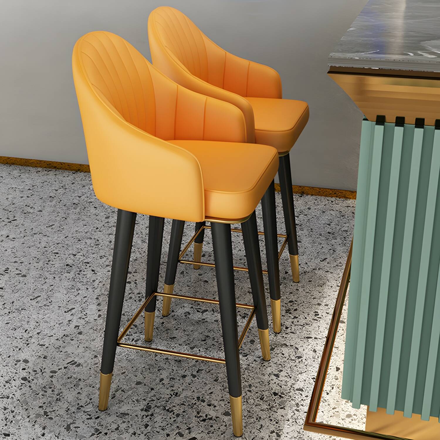 Glamorous Upholstered Bar Stool - Full Back, Armrests, and Footrest - Luxurious Faux Leather