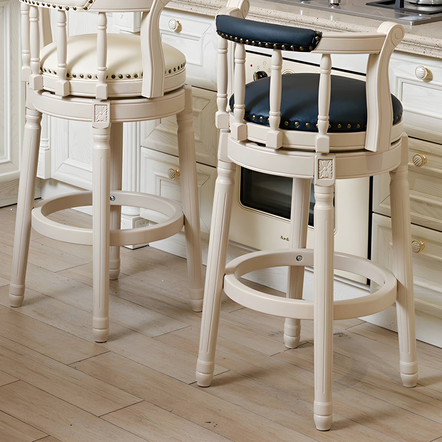 Traditional Leather Upholstered Bar Stool with Low Back and Wood Frame