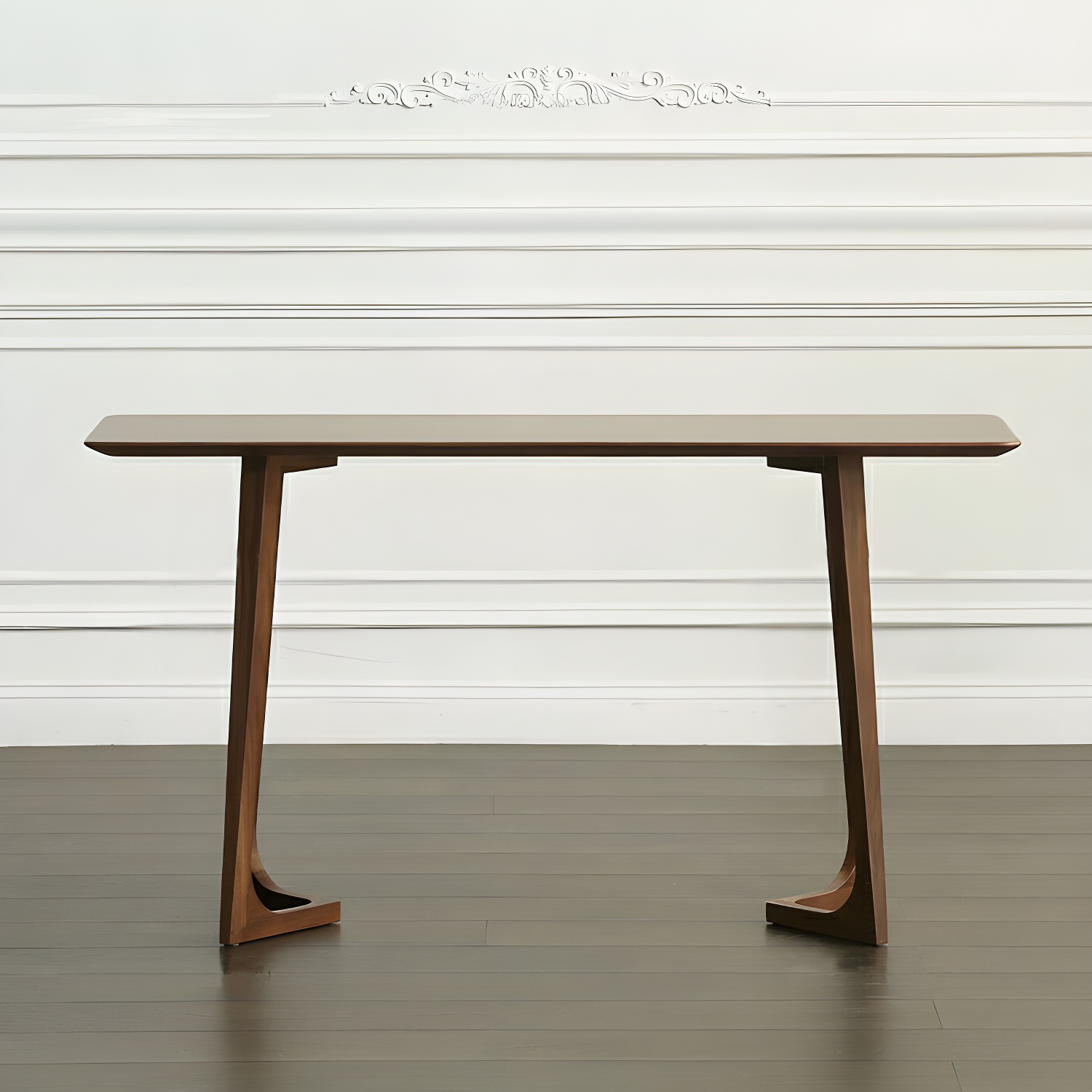 Mid-Century Modern Brown Wooden Rectangular Console Table with Double Pedestal Base