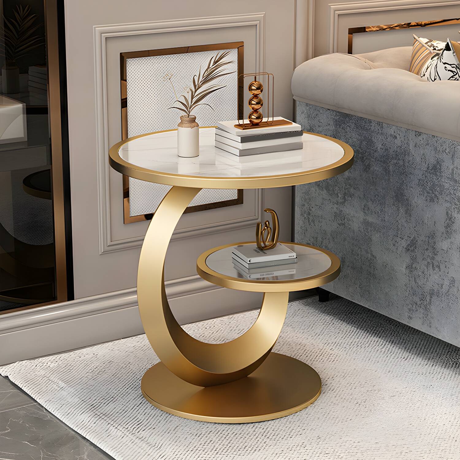Modern Round Stone Top Side Table with Steel Pedestal Base and Storage Included