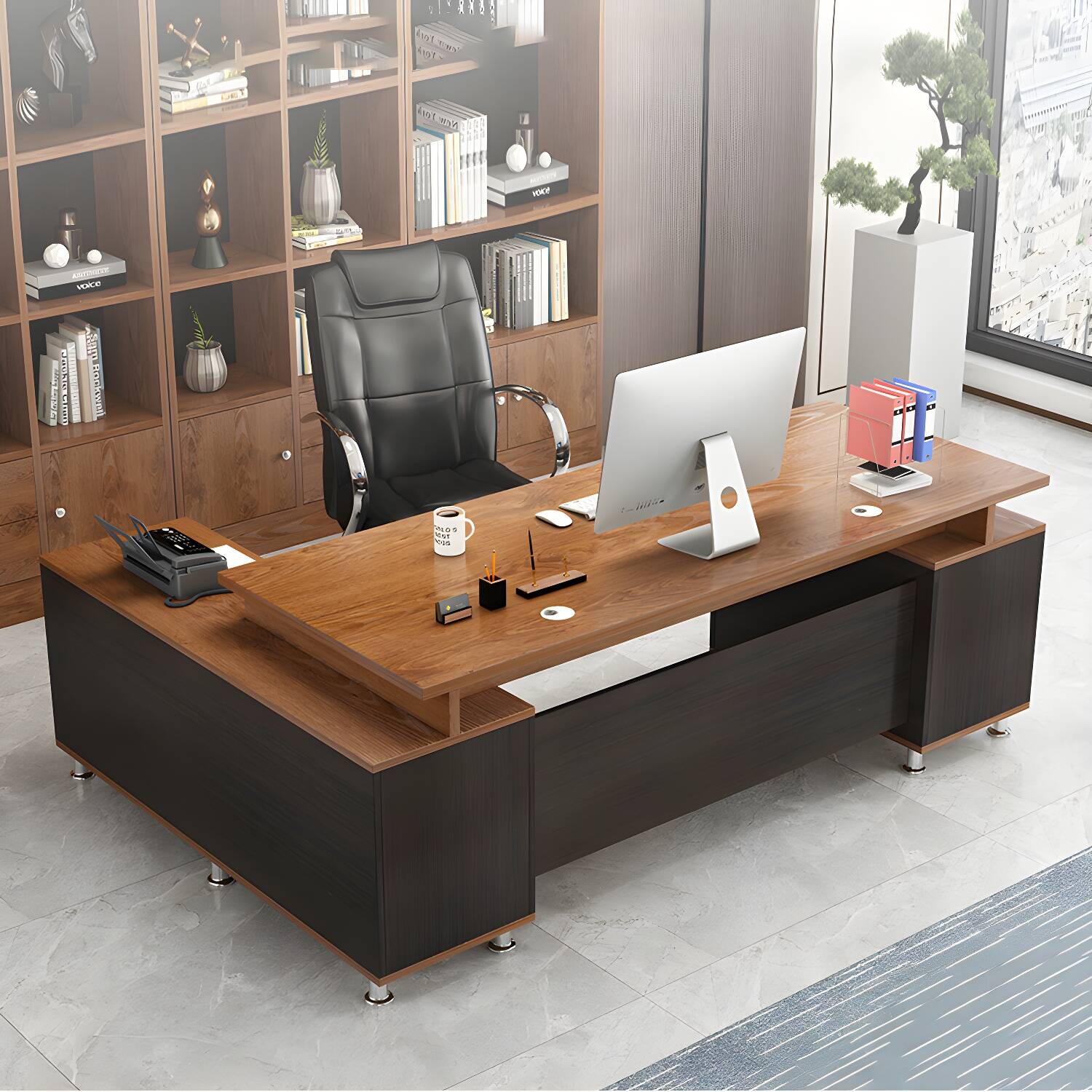 Elegant L-Shaped Executive Desk with Metal Pedestal and Cable Management