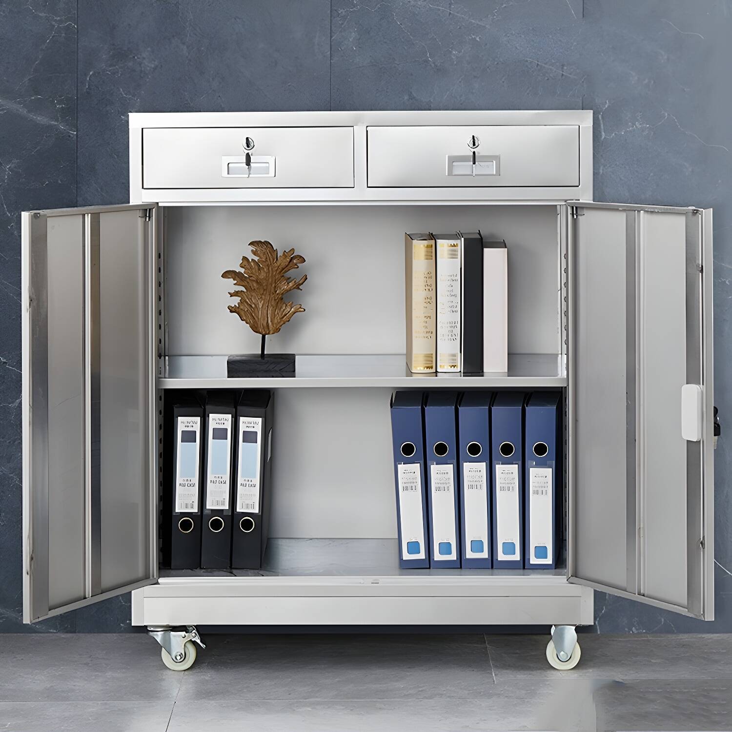 Silver Steel Modern Fire-resistant Locking Vertical Filing Cabinet with Drawers & Key Lock Mechanism
