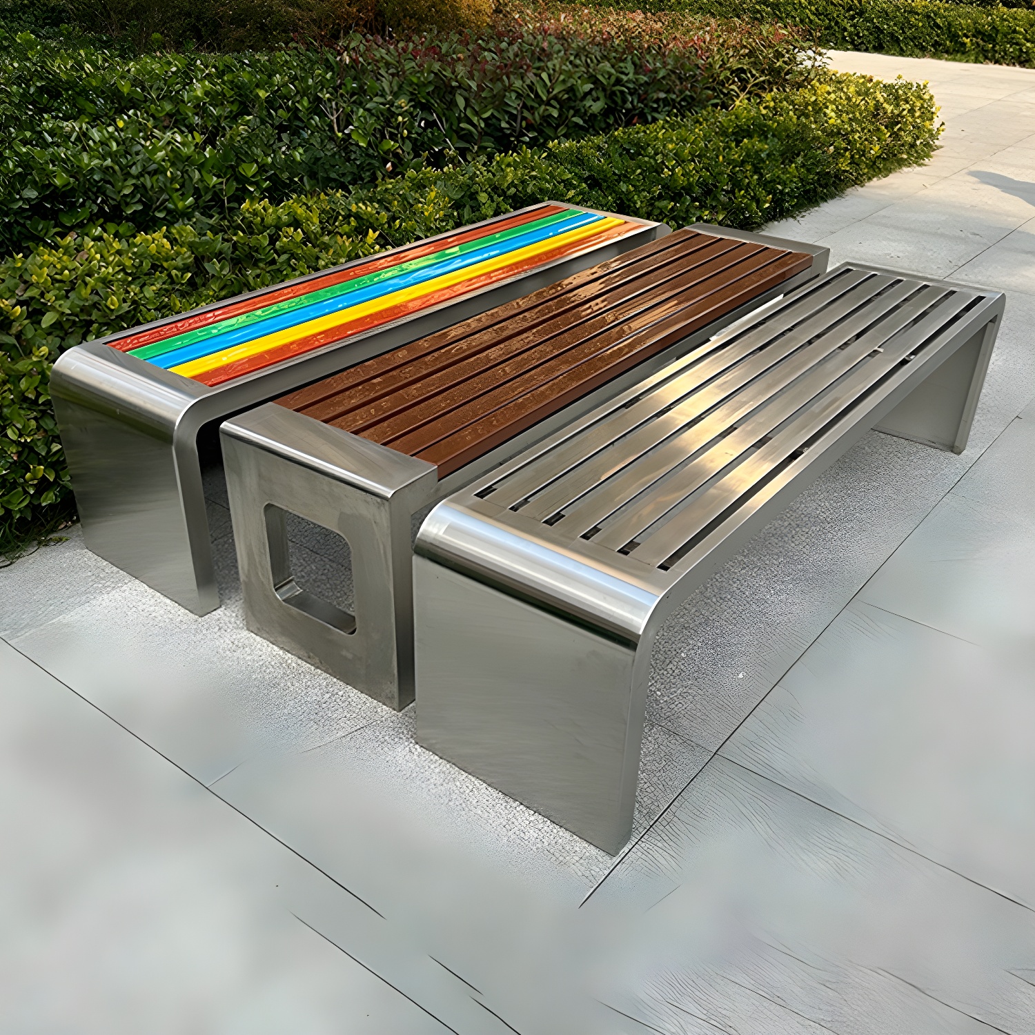 Water Resistant Stainless Steel Modern Park Bench for Outdoor Use with Armless Design