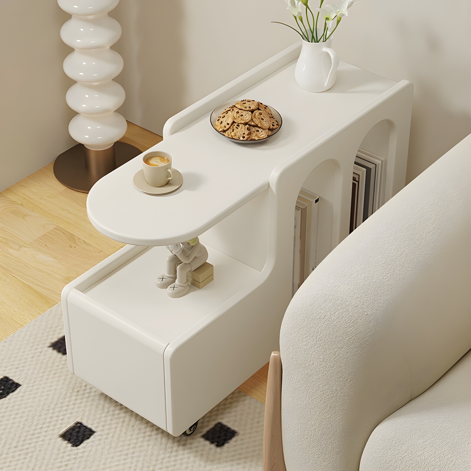 Modern White Wood Side Table with Casters, Drawers, and Storage Shelf