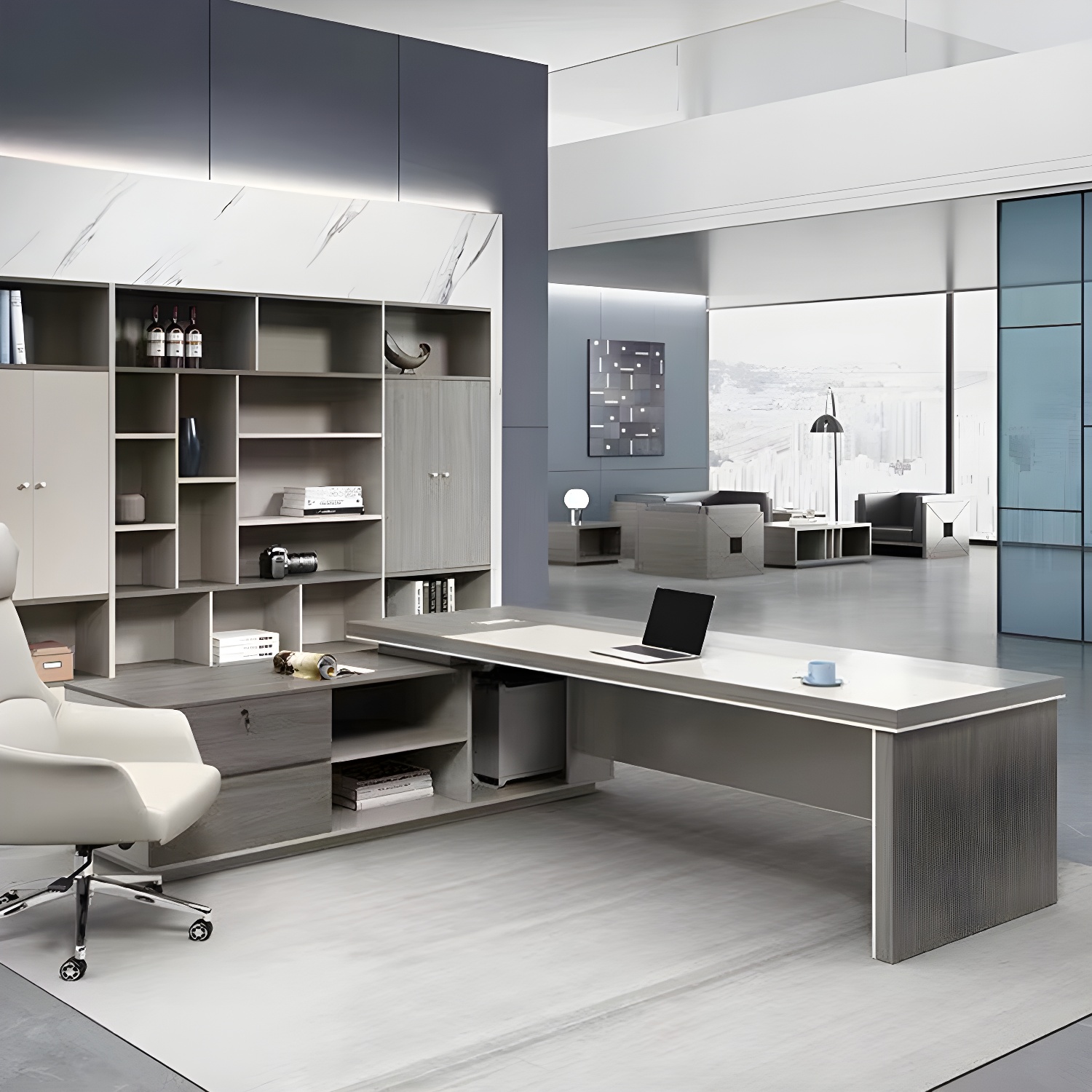 Modern Executive Desk with Gray Wood L-Shape Desk, Pedestal Base, and Cable Management