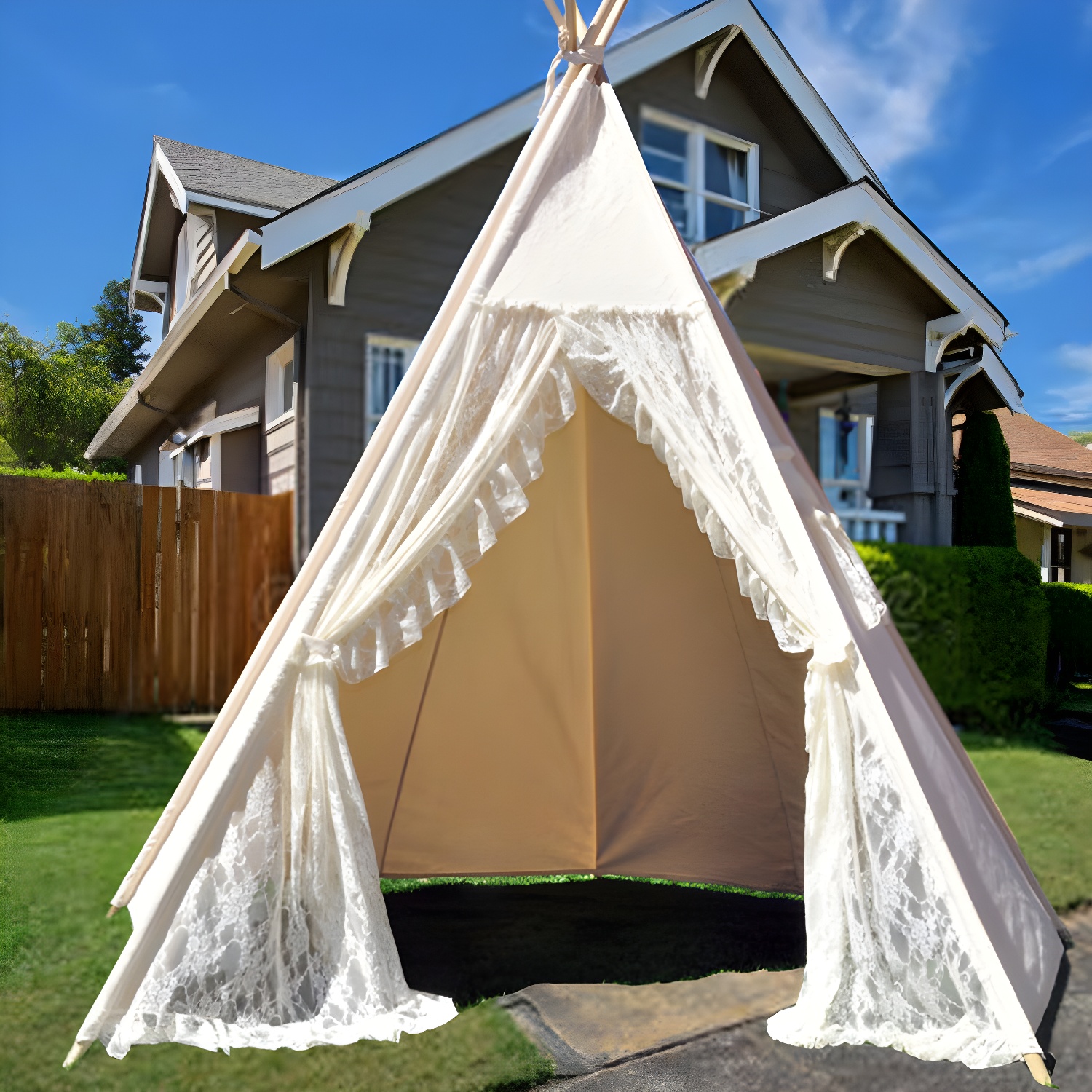 White Triangular Fabric Play Tent with Lights Included for Indoor/Outdoor Use