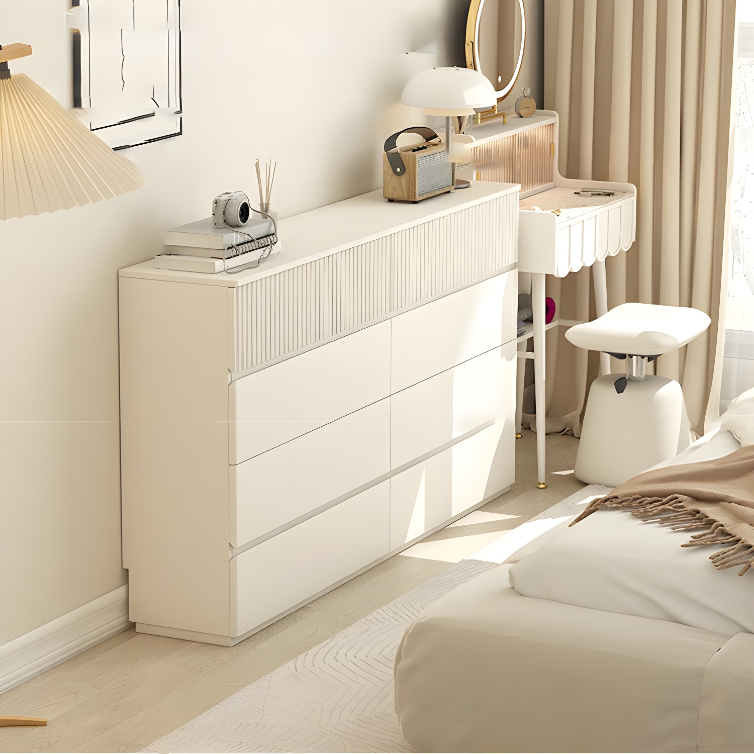 Modern White Wood Double Dresser with Soft Close Drawers - Stylish and Functional Storage